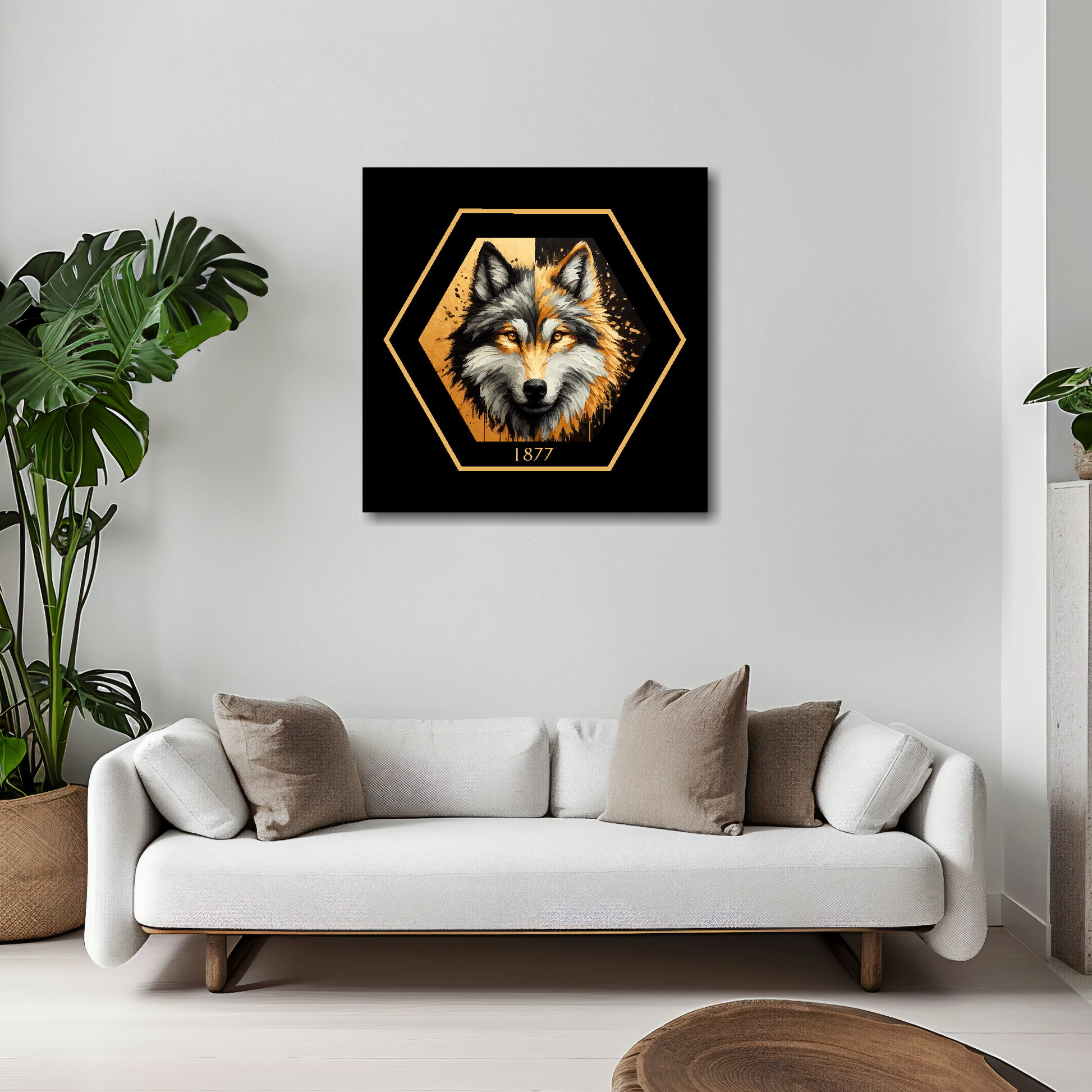 Wolves inspired canvas 20x20 inches above white sofa - vibrant UK football wall art