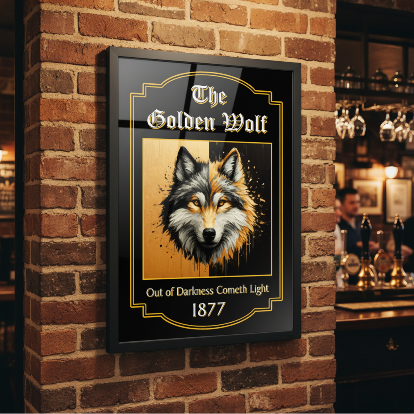 Wolves FC inspired retro pub sign
hanging on a English bar wall