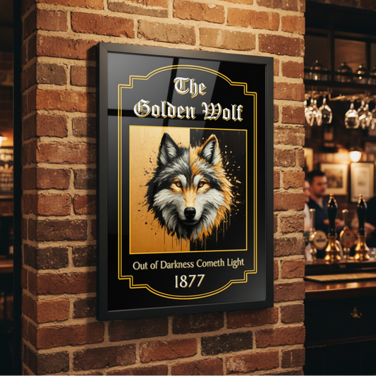 Wolves FC inspired retro pub sign
hanging on a English bar wall