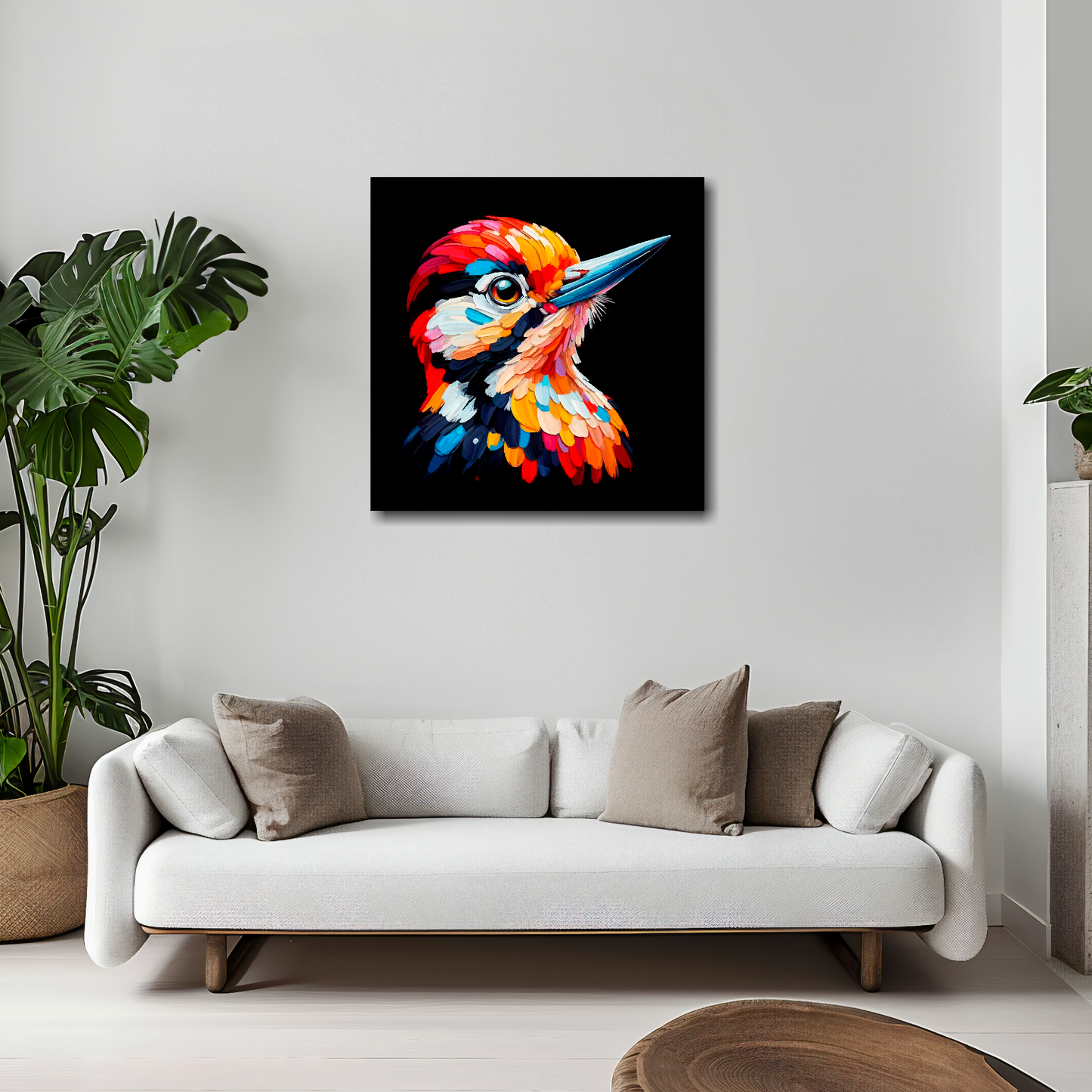 Woodpecker canvas 20x20 inches above white sofa - vibrant bird portrait wall art UK