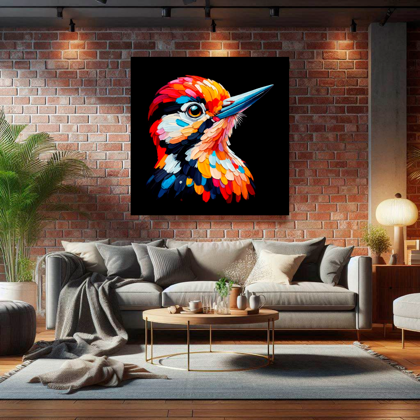 Large Woodpecker canvas on brick wall above grey sofa - bold bird portrait UK living room
