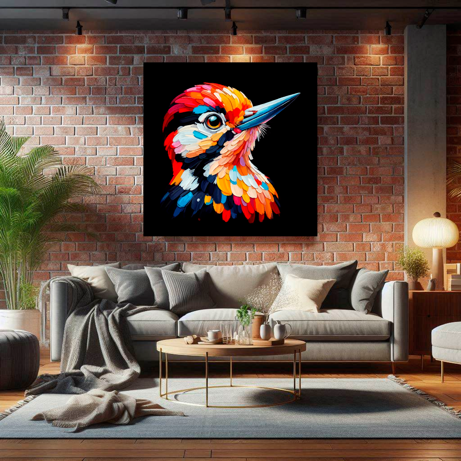 Large Woodpecker canvas on brick wall above grey sofa - bold bird portrait UK living room