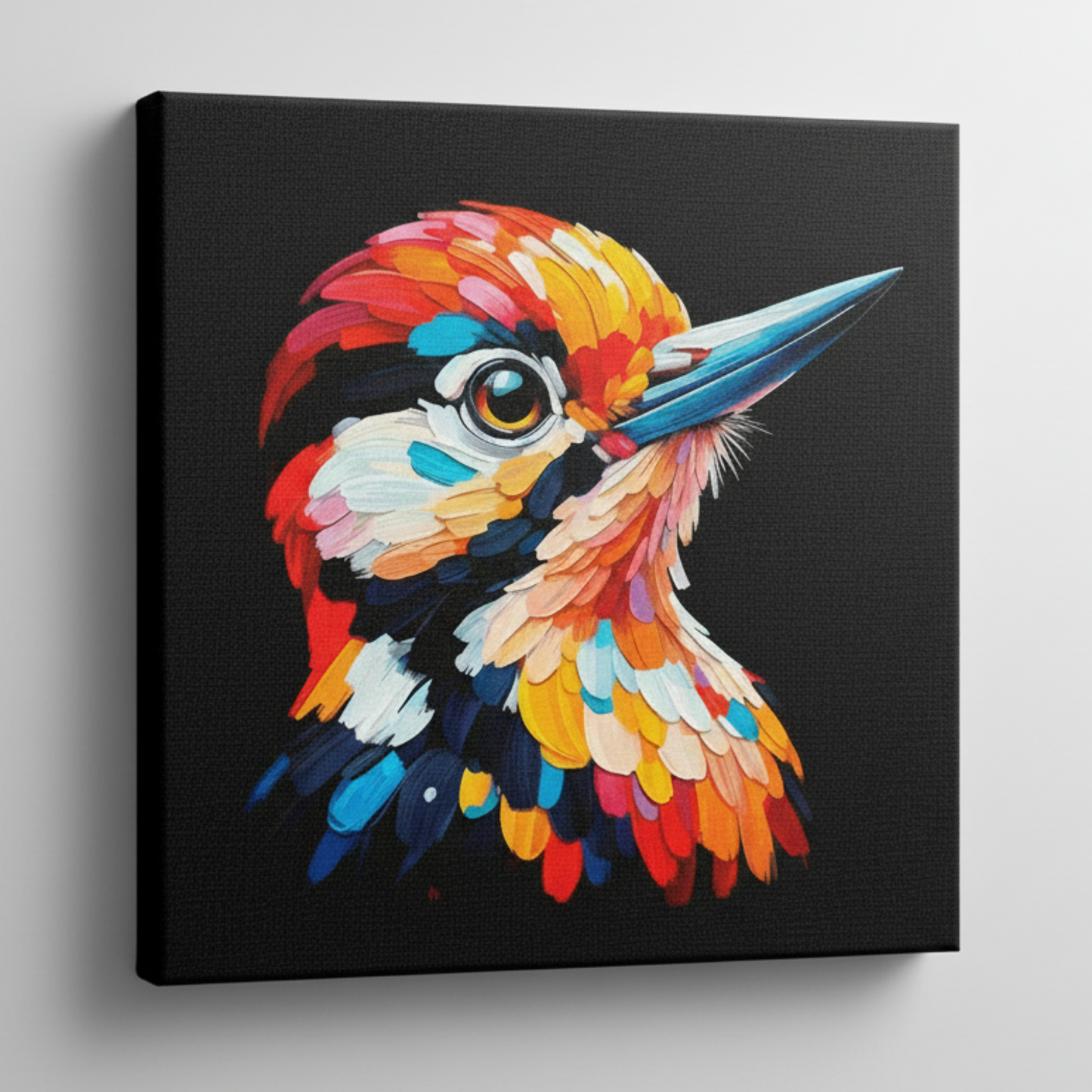 Colourful Woodpecker bird portrait canvas print - UK made abstract wildlife wall art black background