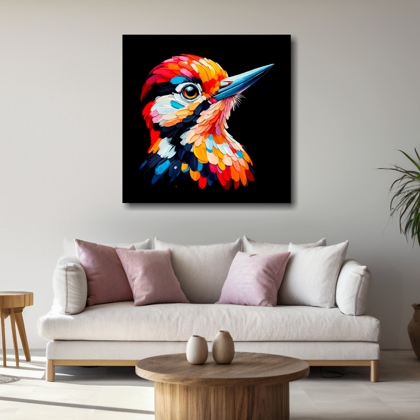 Large Woodpecker canvas above white sofa - vibrant abstract bird portrait wall art UK
