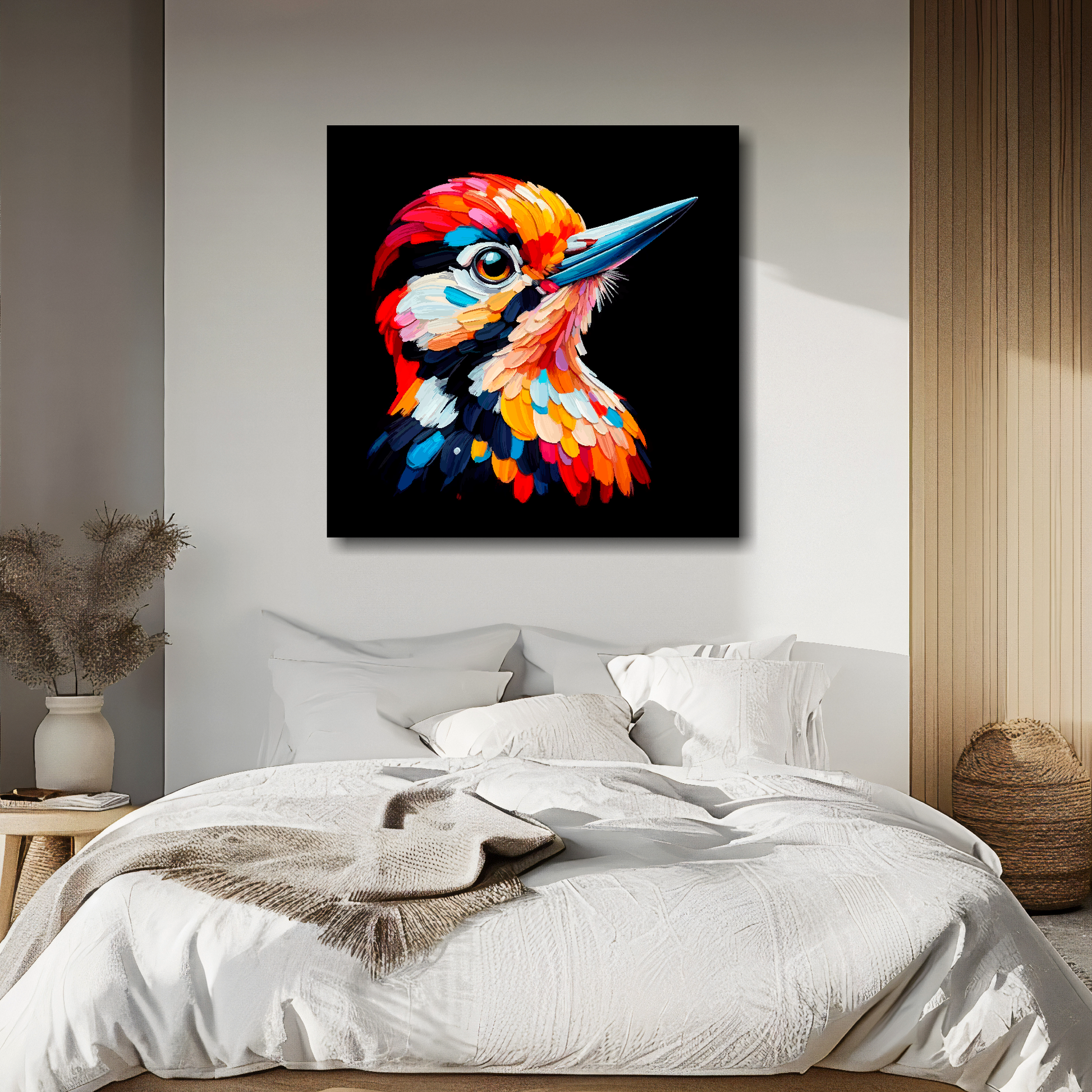 Woodpecker portrait canvas above bed - colourful bird wall decor for UK bedrooms