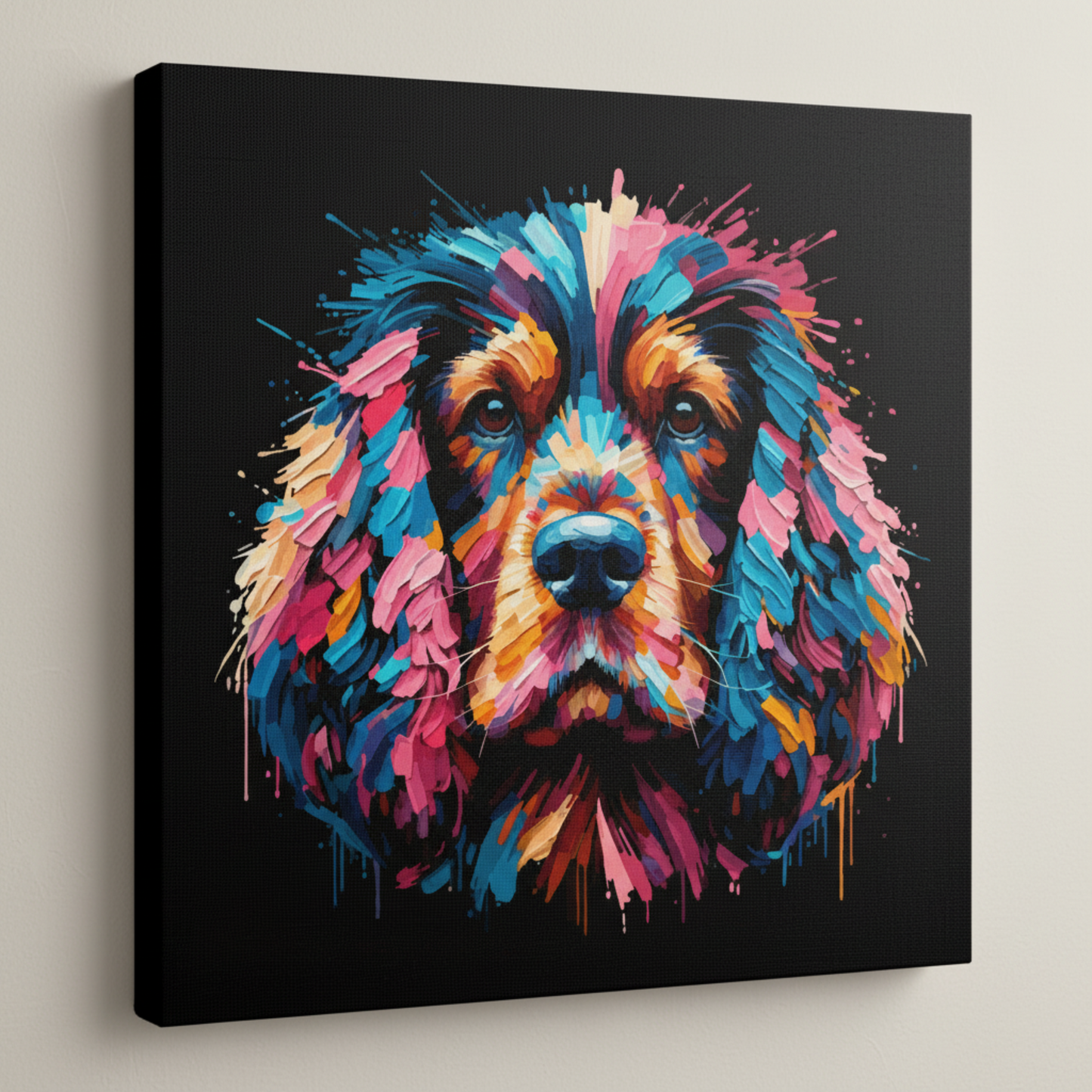  Colourful Working Cocker Spaniel dog portrait canvas print - UK made abstract pet wall art black background