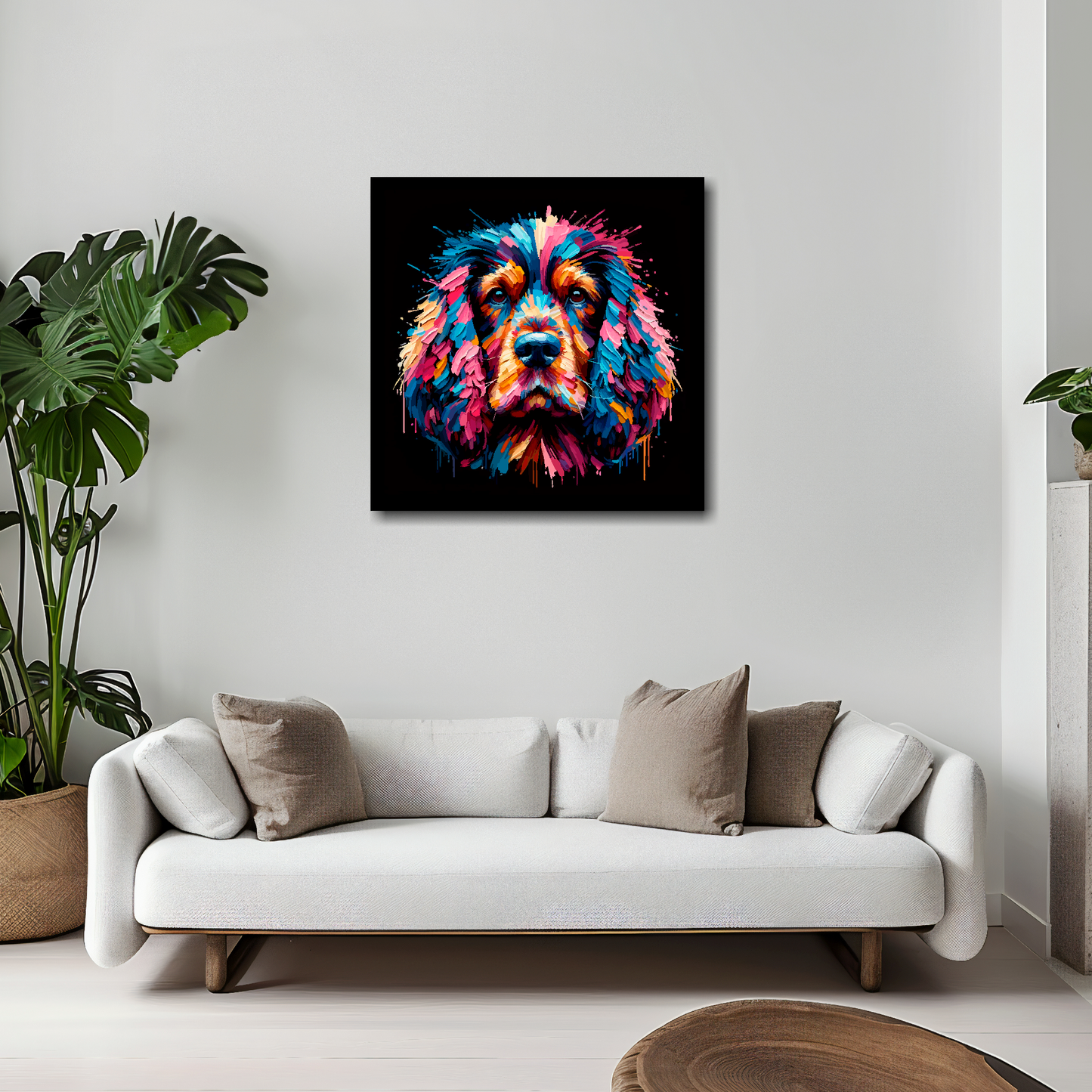 Working Cocker Spaniel canvas 20x20 inches above white sofa - vibrant dog portrait wall art UK