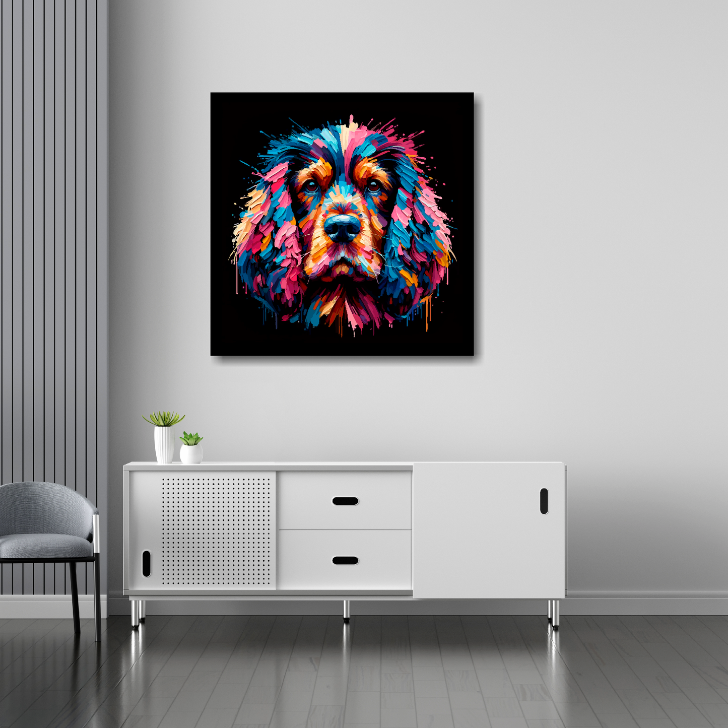 Working Cocker Spaniel canvas 30x30 inches above sideboard - large colourful dog portrait UK made