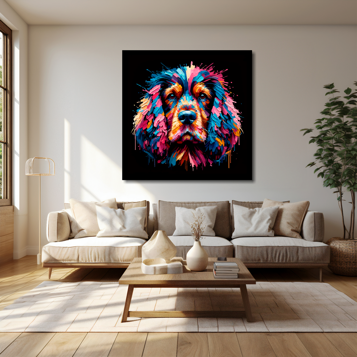 Working Cocker Spaniel canvas 40x40 inches above cream sofa - XL vibrant dog wall art UK