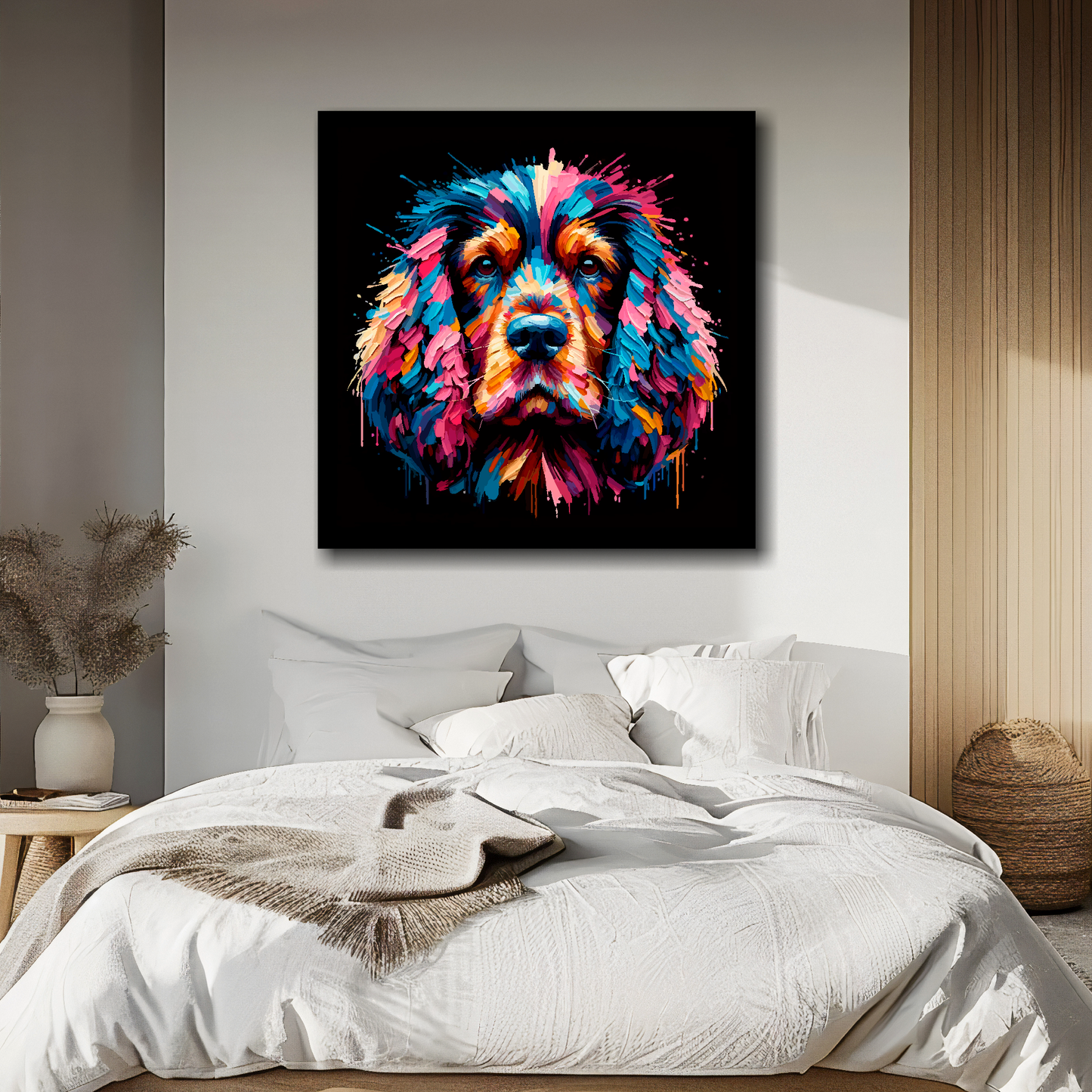 Working Cocker Spaniel portrait canvas above bed - colourful dog wall decor for UK bedrooms