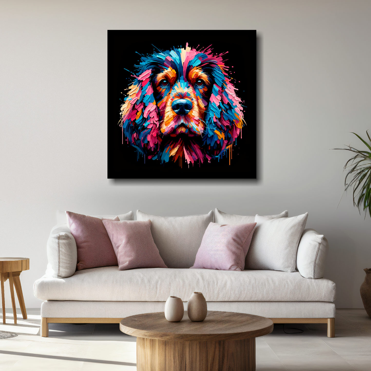 Large Working Cocker Spaniel canvas above white sofa - vibrant abstract dog portrait wall art UK