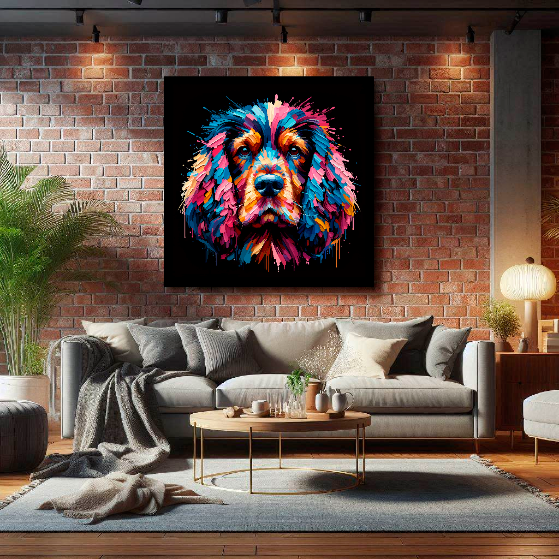 Large Working Cocker Spaniel canvas on brick wall above grey sofa - bold dog portrait UK living room