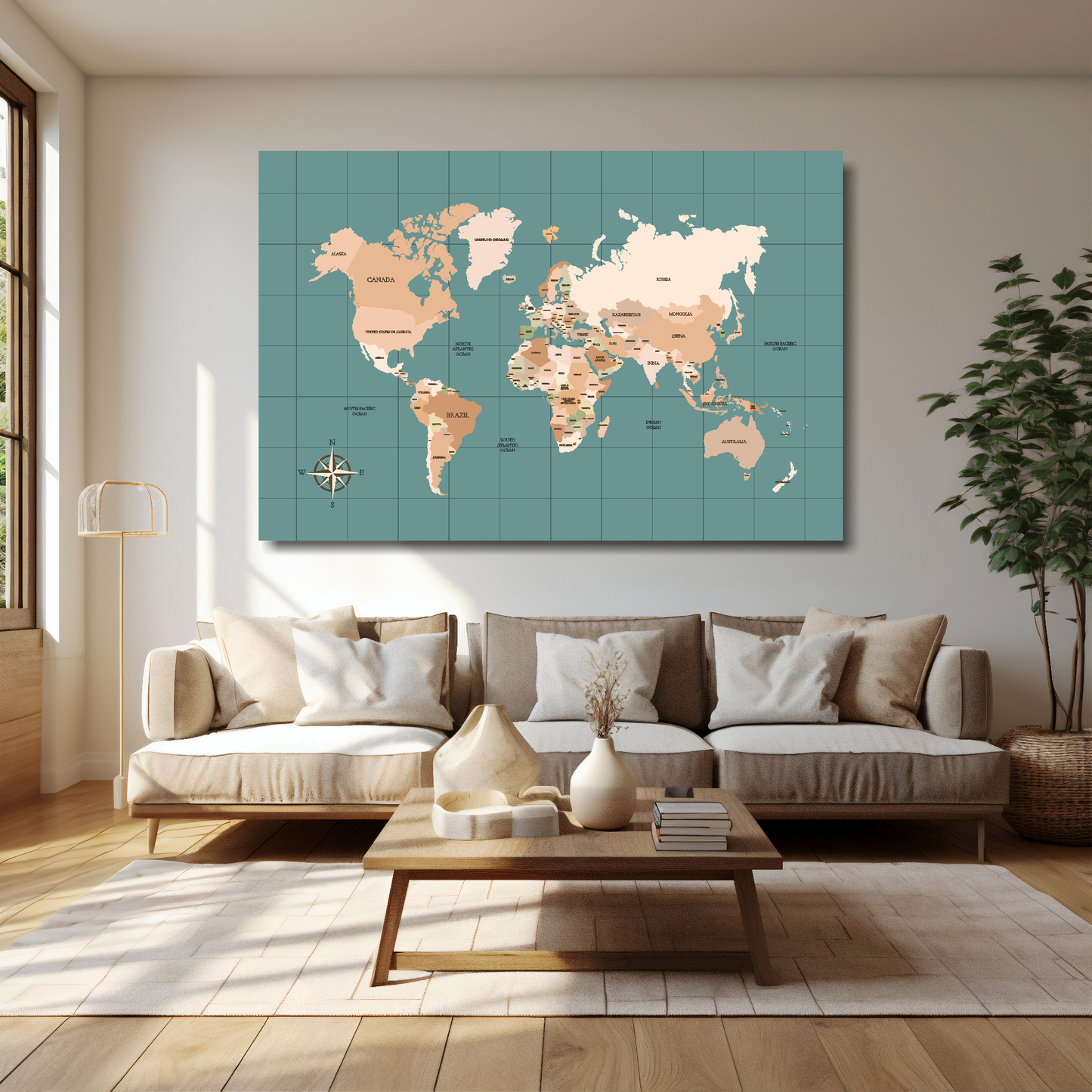 World Map canvas print 60 x 40 inch - oversized statement wall art UK