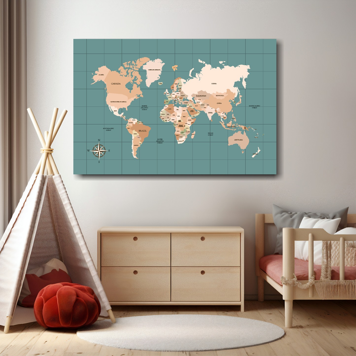 World Map canvas print in nursery - educational wall art for children's room
