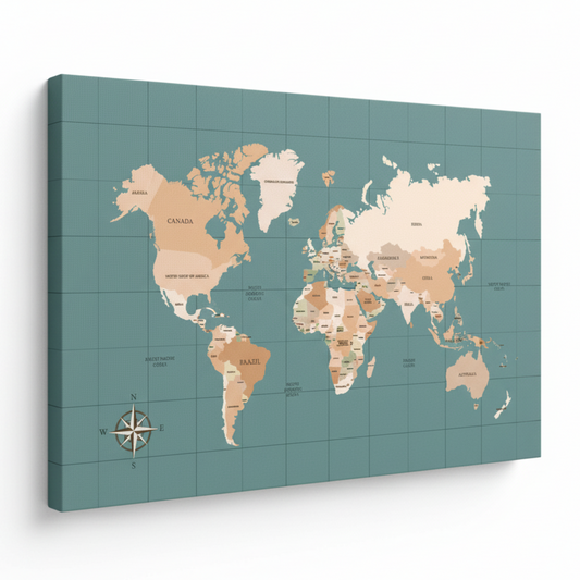 Map of the World canvas print - detailed cartography wall art for UK home decor