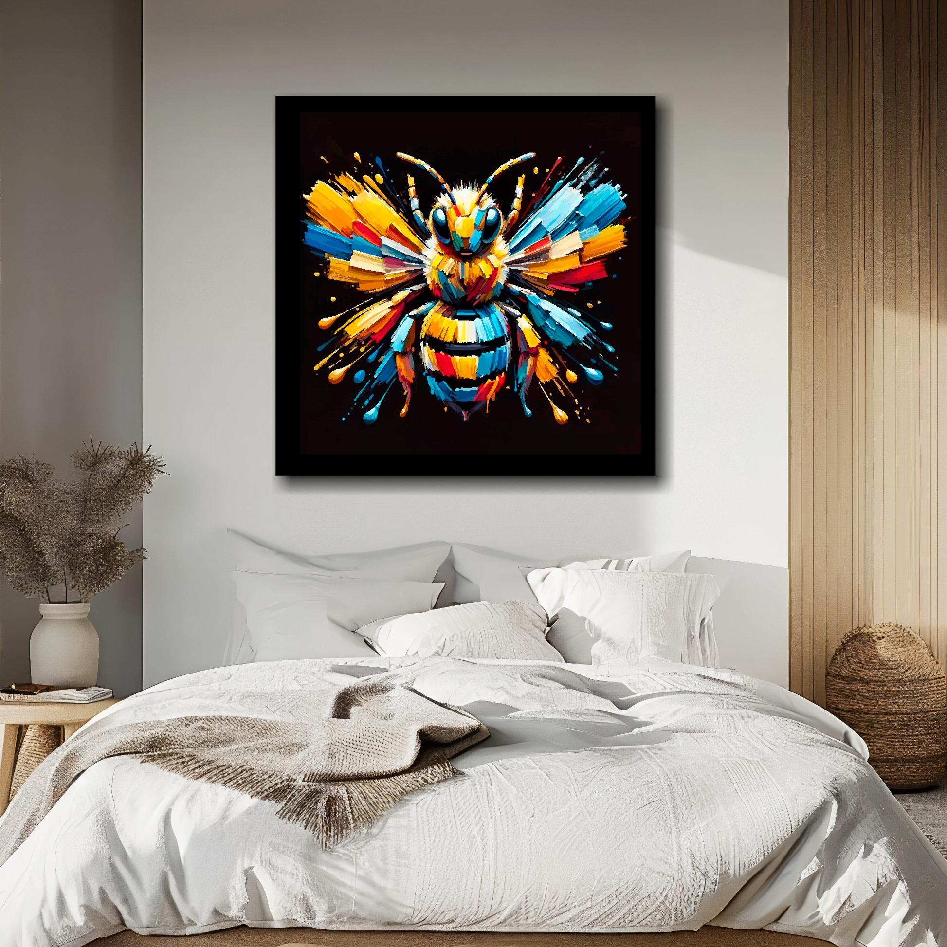 Bumble Bee portrait canvas above bed - colourful insect wall decor for UK bedrooms