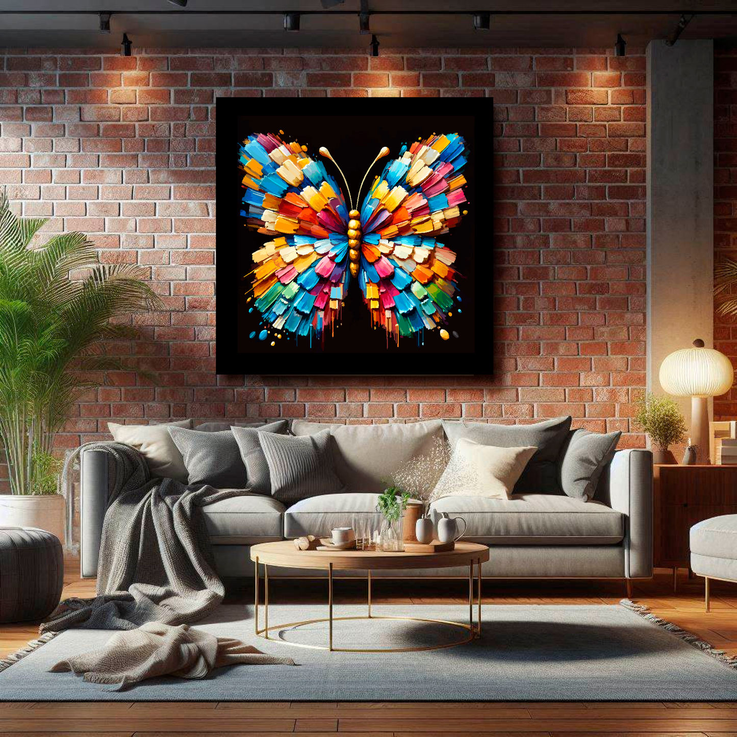 Large Butterfly canvas on brick wall above grey sofa - bold insect portrait UK living room