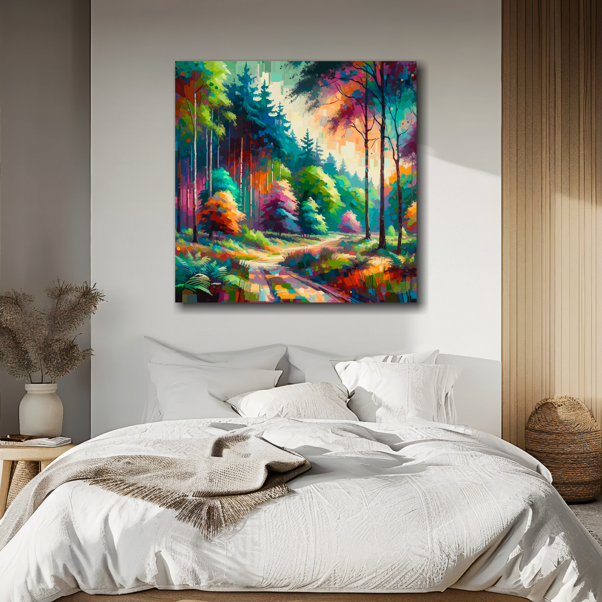 Colourful forest canvas above bed - landscape wall decor for UK bedrooms