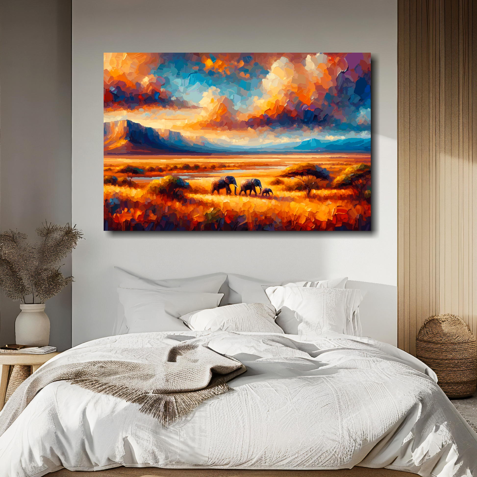 African plains canvas above bed - colourful landscape wall decor for UK bedrooms