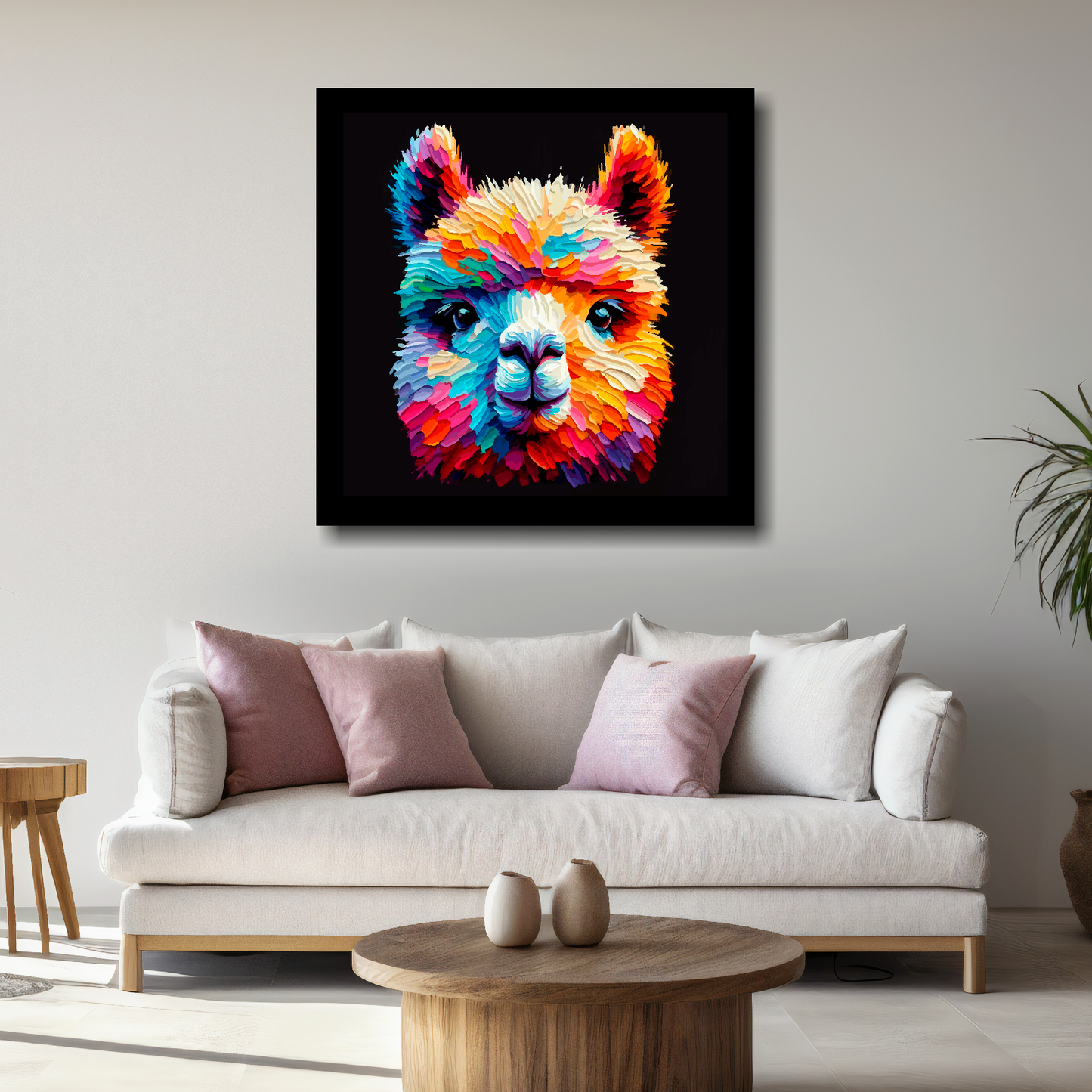 Large Alpaca canvas above white sofa - vibrant abstract farm animal portrait wall art UK
