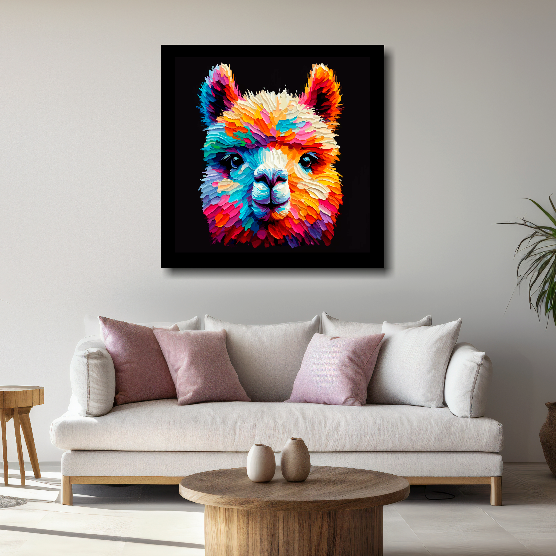 Large Alpaca canvas above white sofa - vibrant abstract farm animal portrait wall art UK