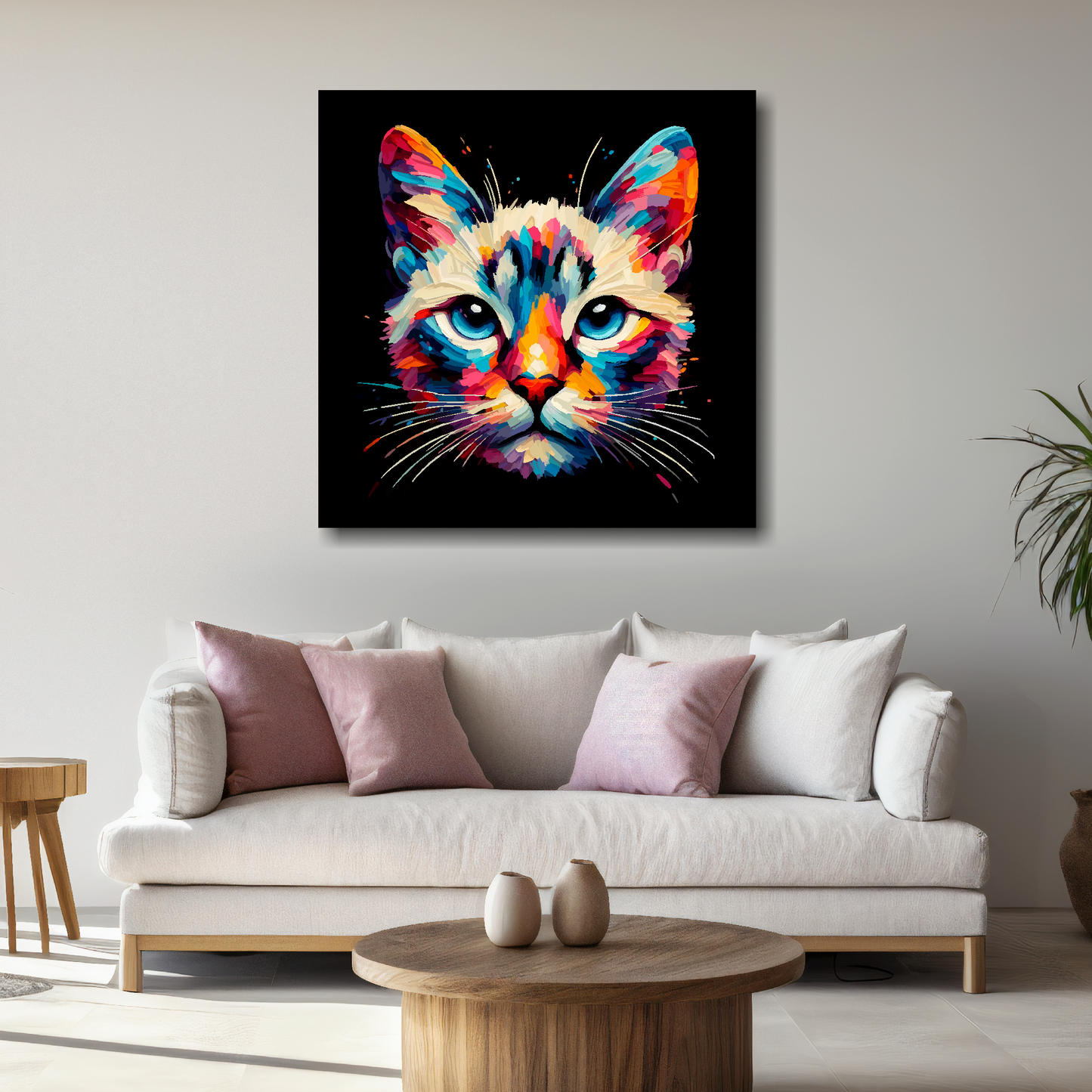 Large Asian cat canvas above white sofa - vibrant abstract cat portrait wall art UK