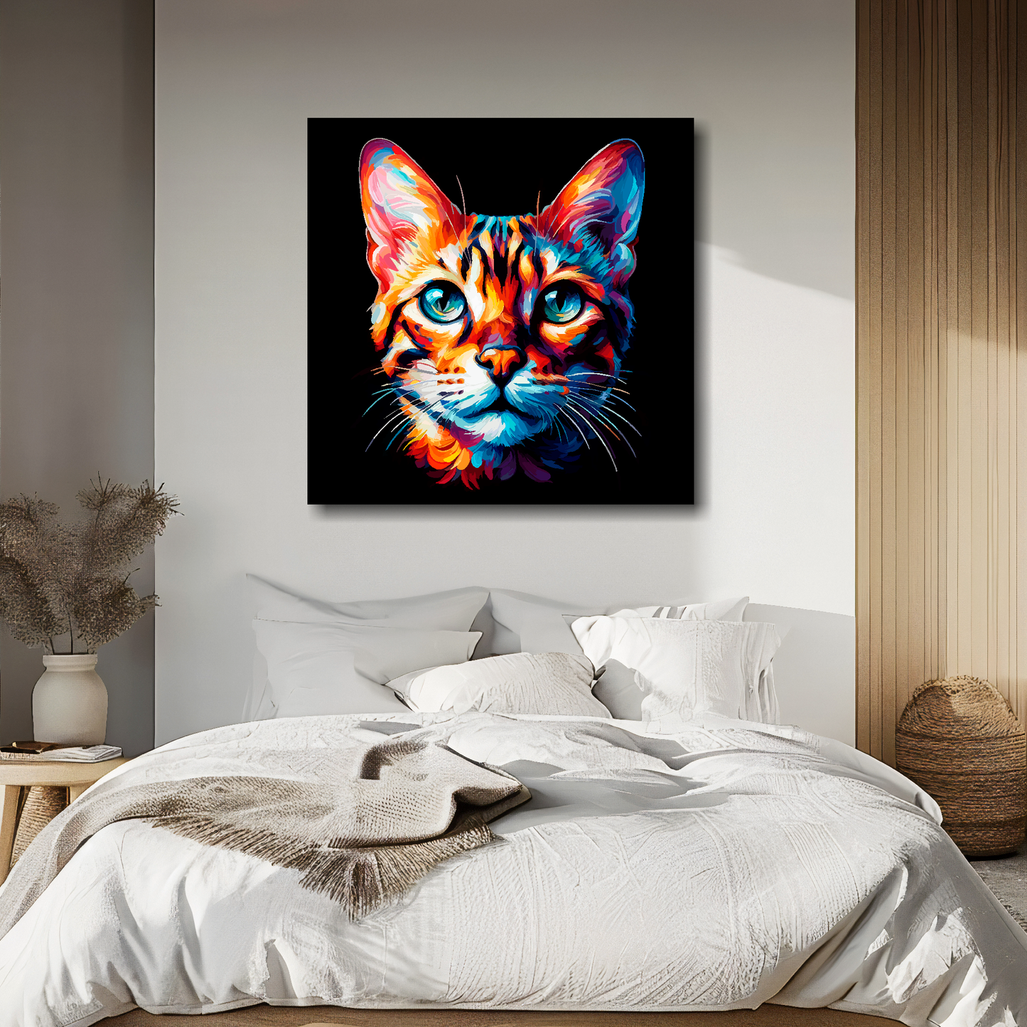 Bengal cat portrait canvas above bed - colourful cat wall decor for UK bedrooms