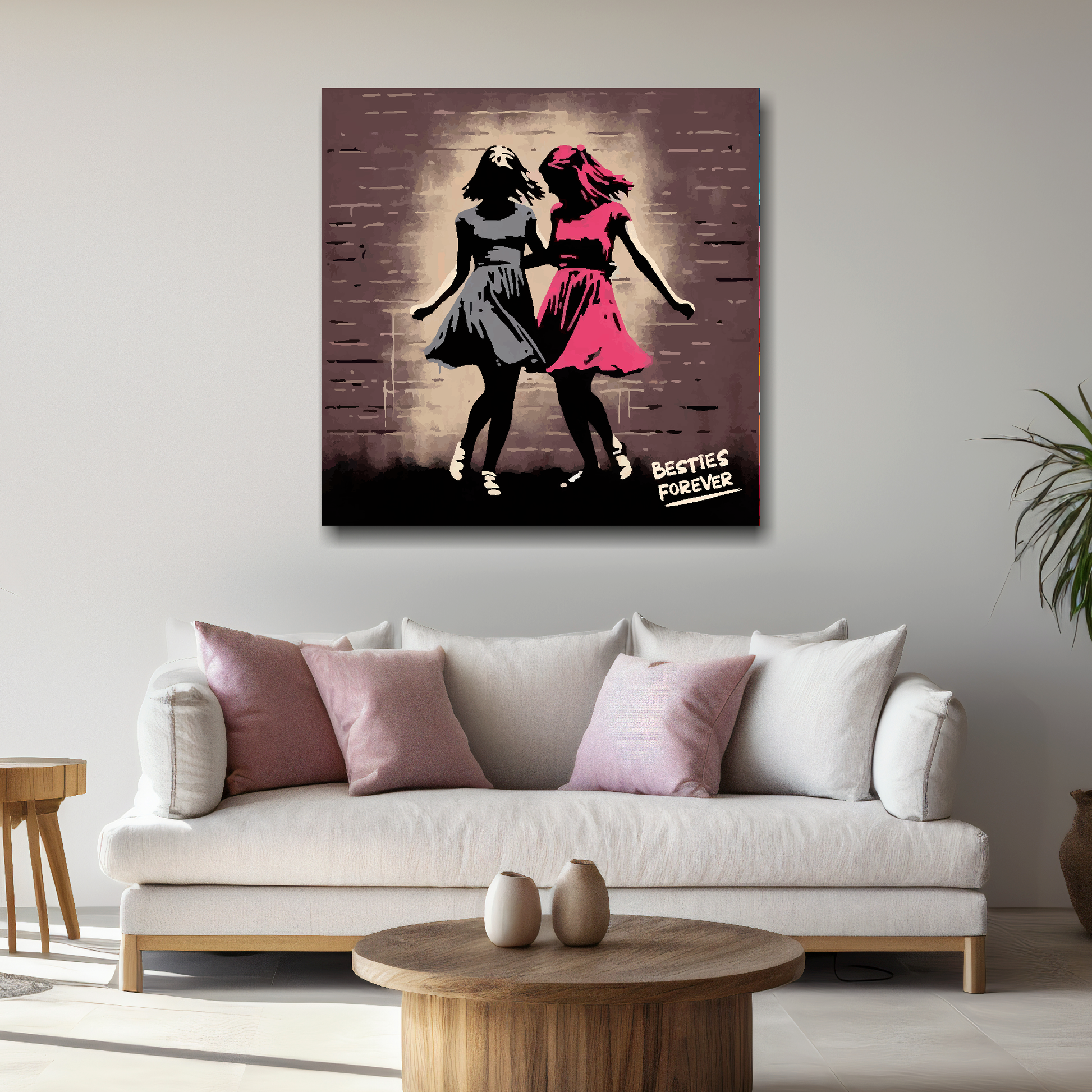 Large besties forever canvas above white sofa - vibrant abstract friendship wall art UK