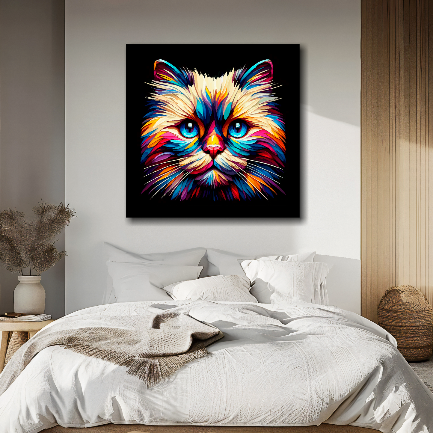 Birman cat portrait canvas above bed - colourful cat wall decor for UK bedrooms
