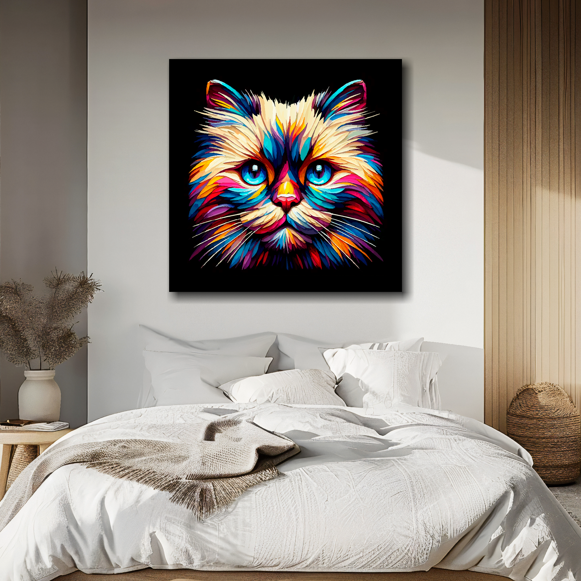 Birman cat portrait canvas above bed - colourful cat wall decor for UK bedrooms