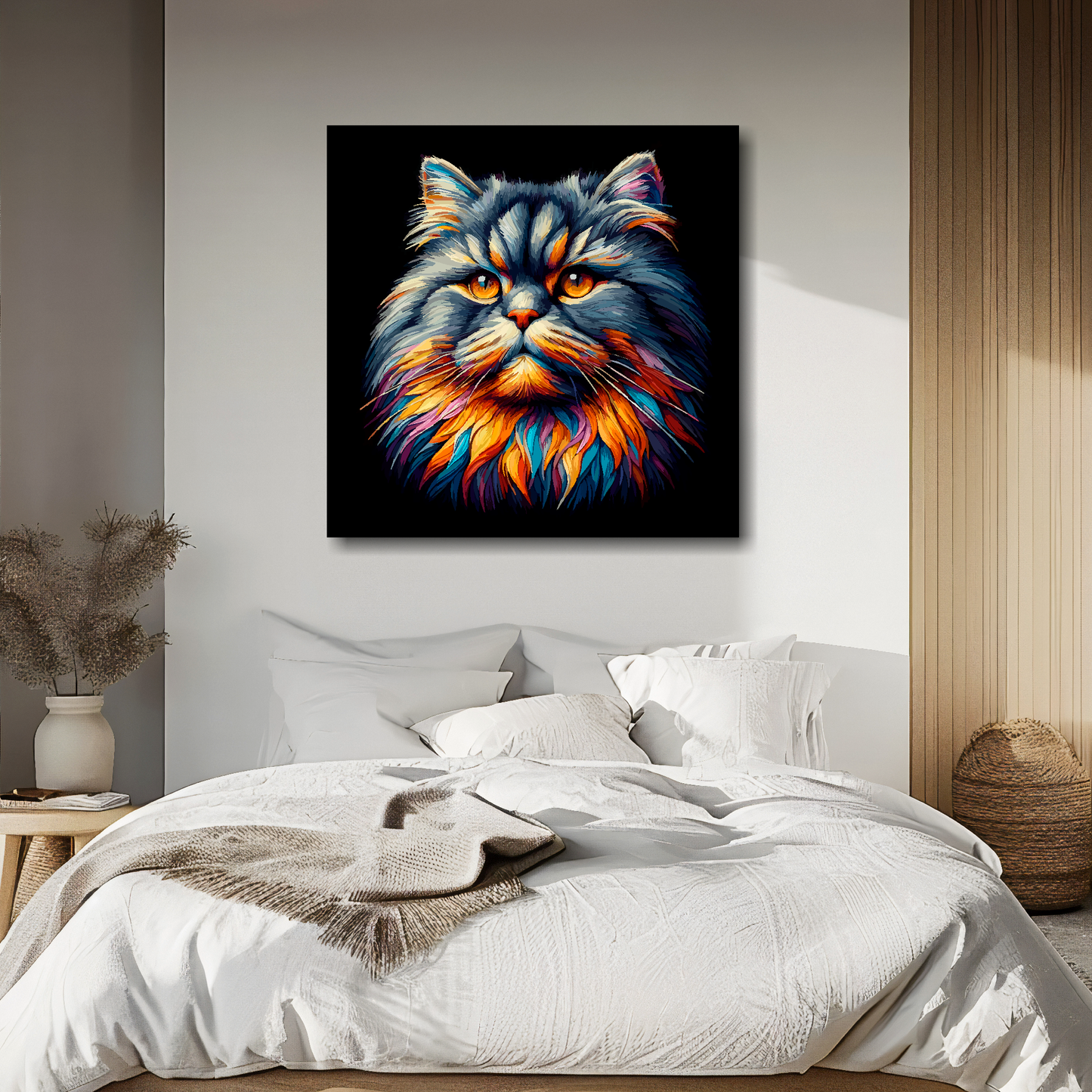 British Longhair cat portrait canvas above bed - colourful cat wall decor for UK bedrooms