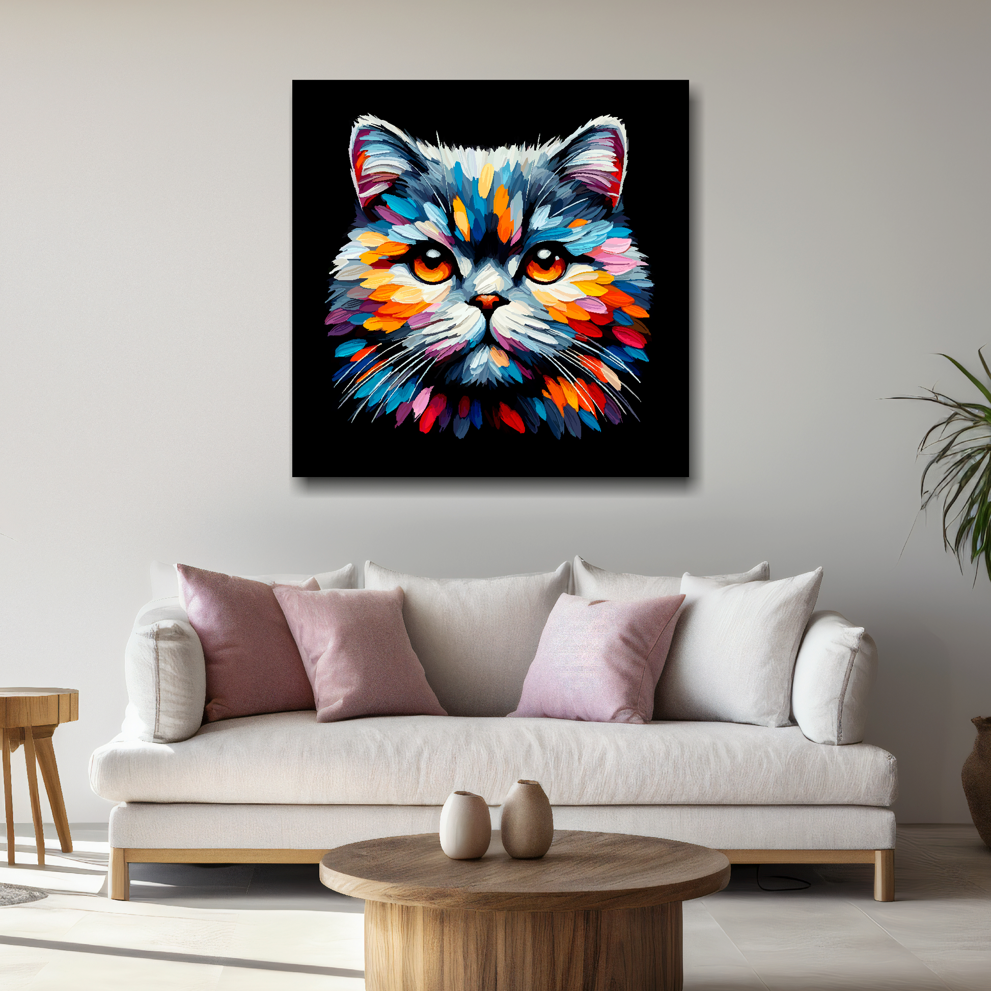 Large British Shorthair cat canvas above white sofa - vibrant abstract cat portrait wall art UK