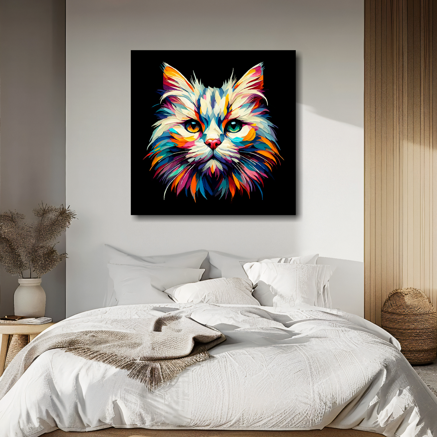Burmilla cat portrait canvas above bed - colourful cat wall decor for UK bedrooms