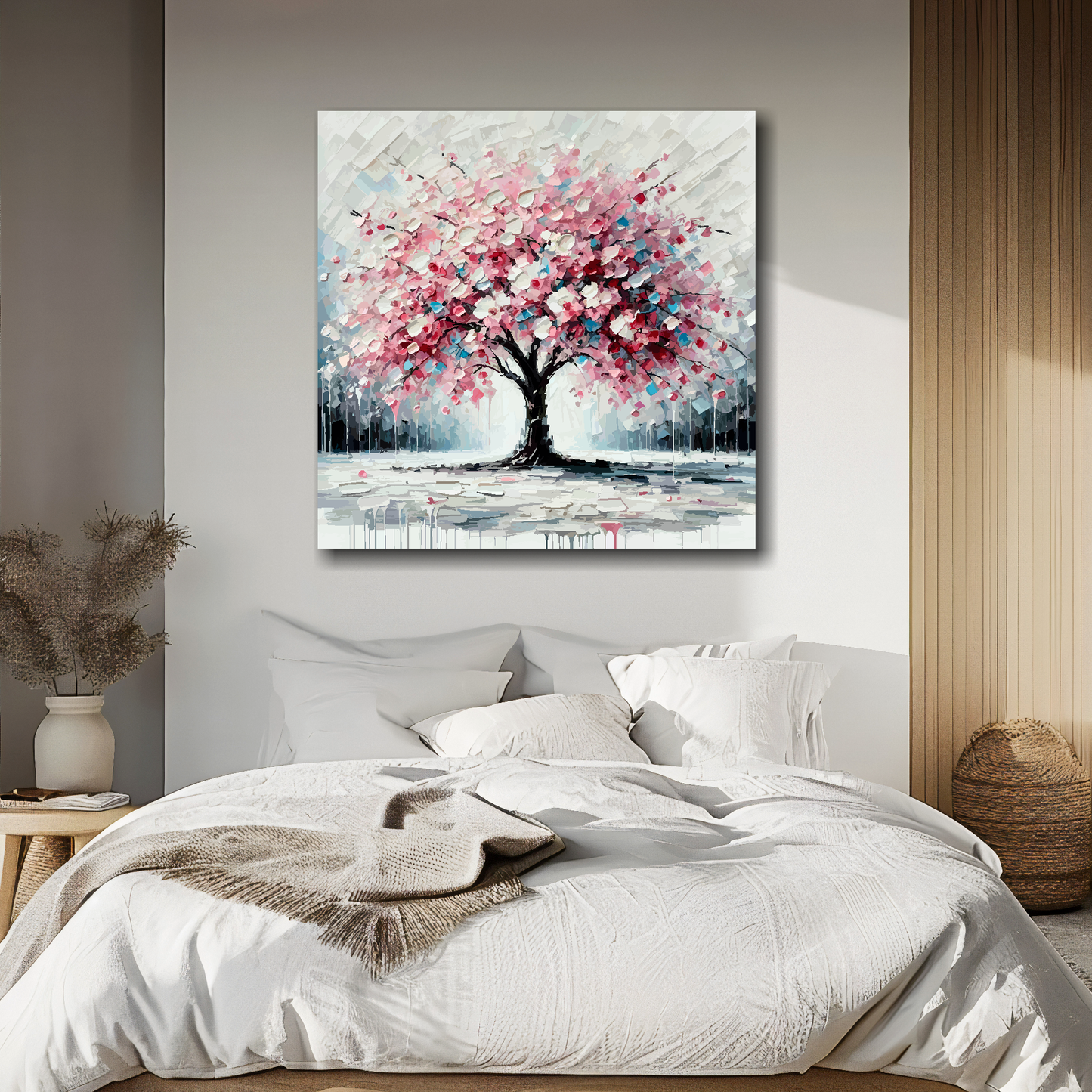 Cherry blossom tree canvas above bed - colourful botanical wall decor for UK bedrooms