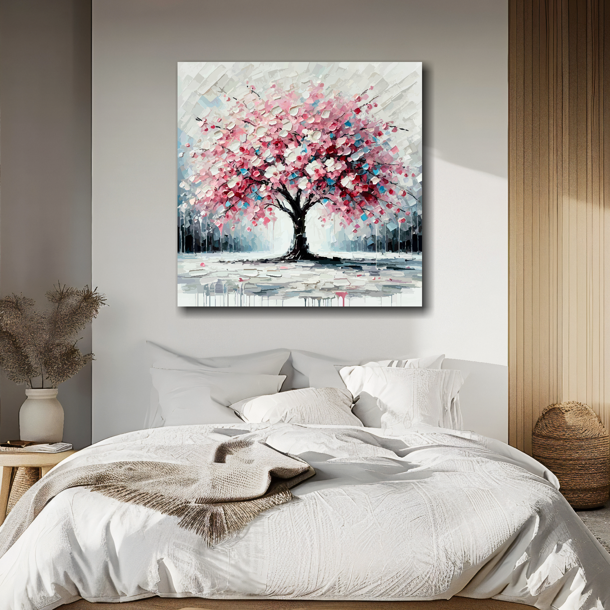 Cherry blossom tree canvas above bed - colourful botanical wall decor for UK bedrooms