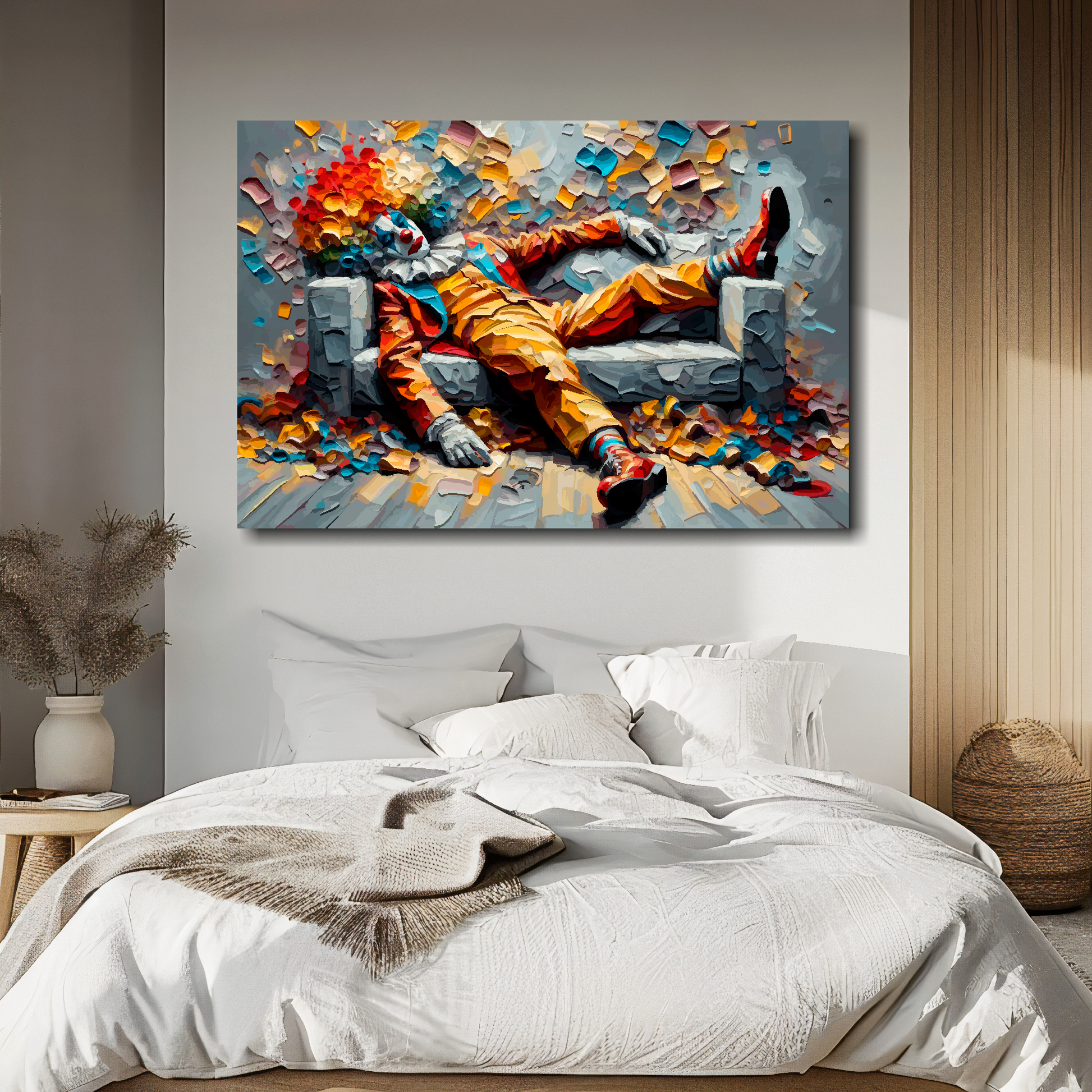 All clowned out canvas above bed - colourful fashion wall decor for UK bedrooms