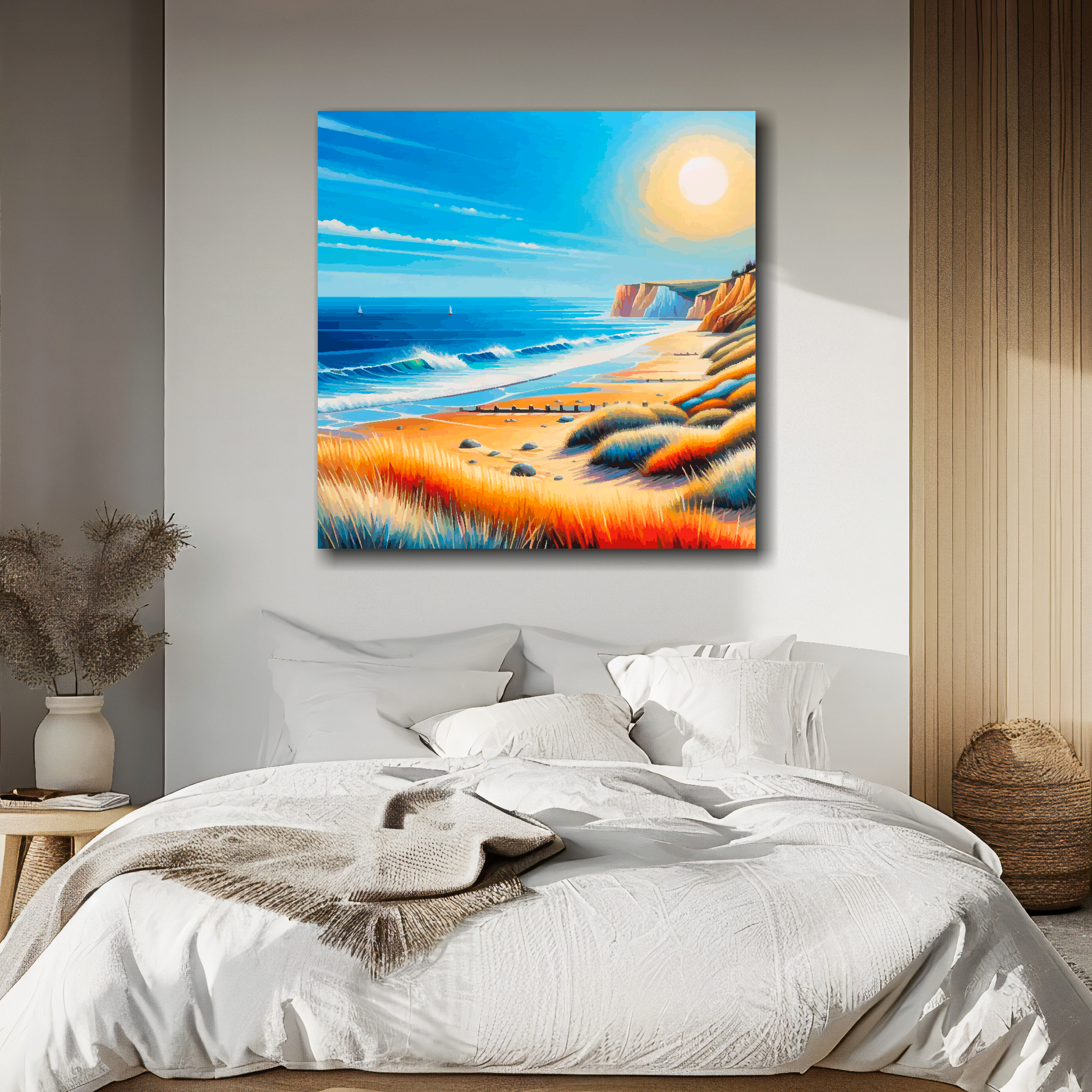 Norfolk beach canvas above bed - colourful UK coastal wall decor for bedrooms