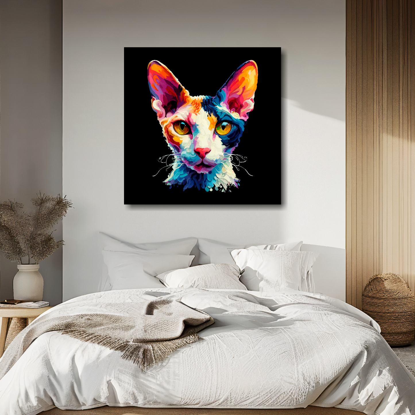 Cornish Rex cat portrait canvas above bed - colourful cat wall decor for UK bedrooms