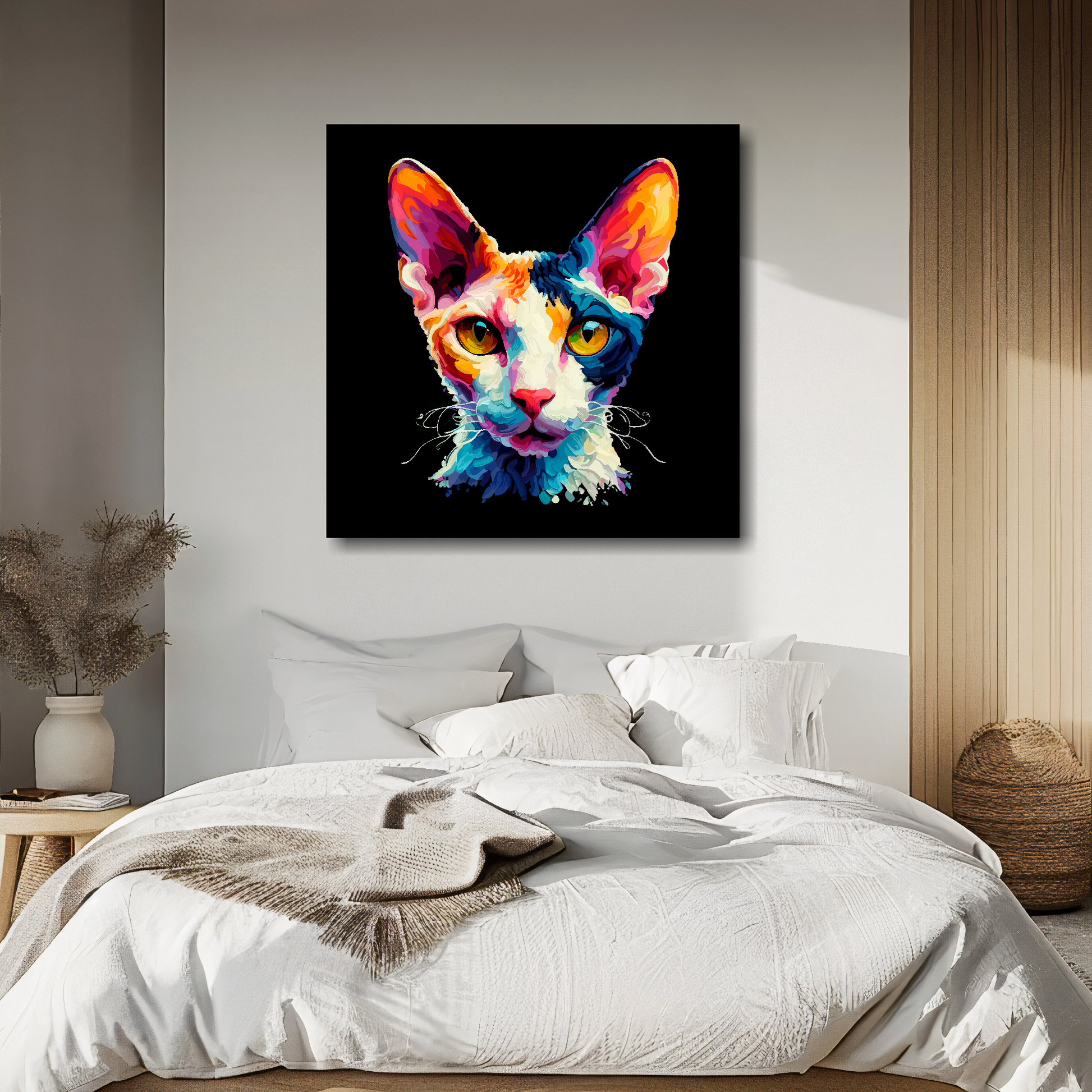 Cornish Rex cat portrait canvas above bed - colourful cat wall decor for UK bedrooms