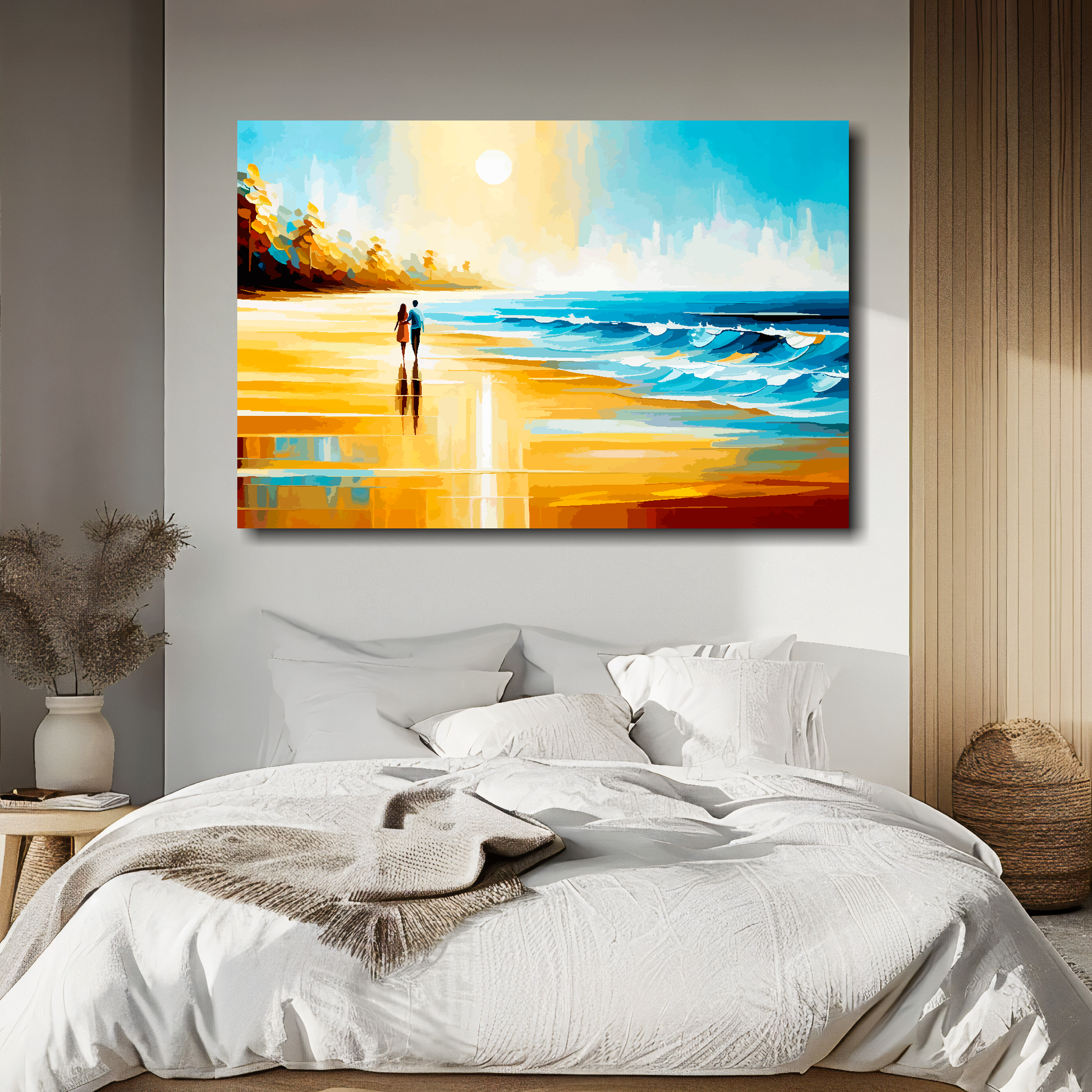 Beach walk canvas above bed - colourful coastal wall decor for UK bedrooms