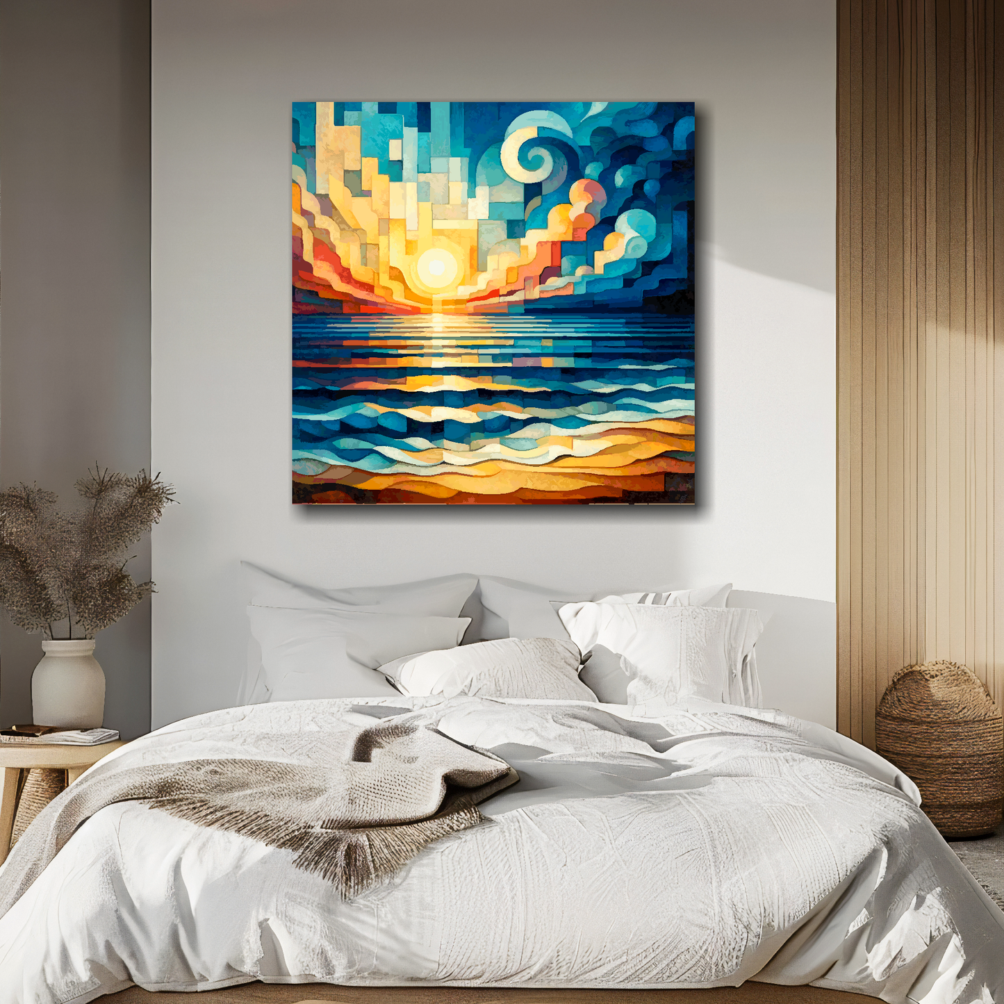 Cubism sunrise canvas above bed - colourful coastal wall decor for UK bedrooms