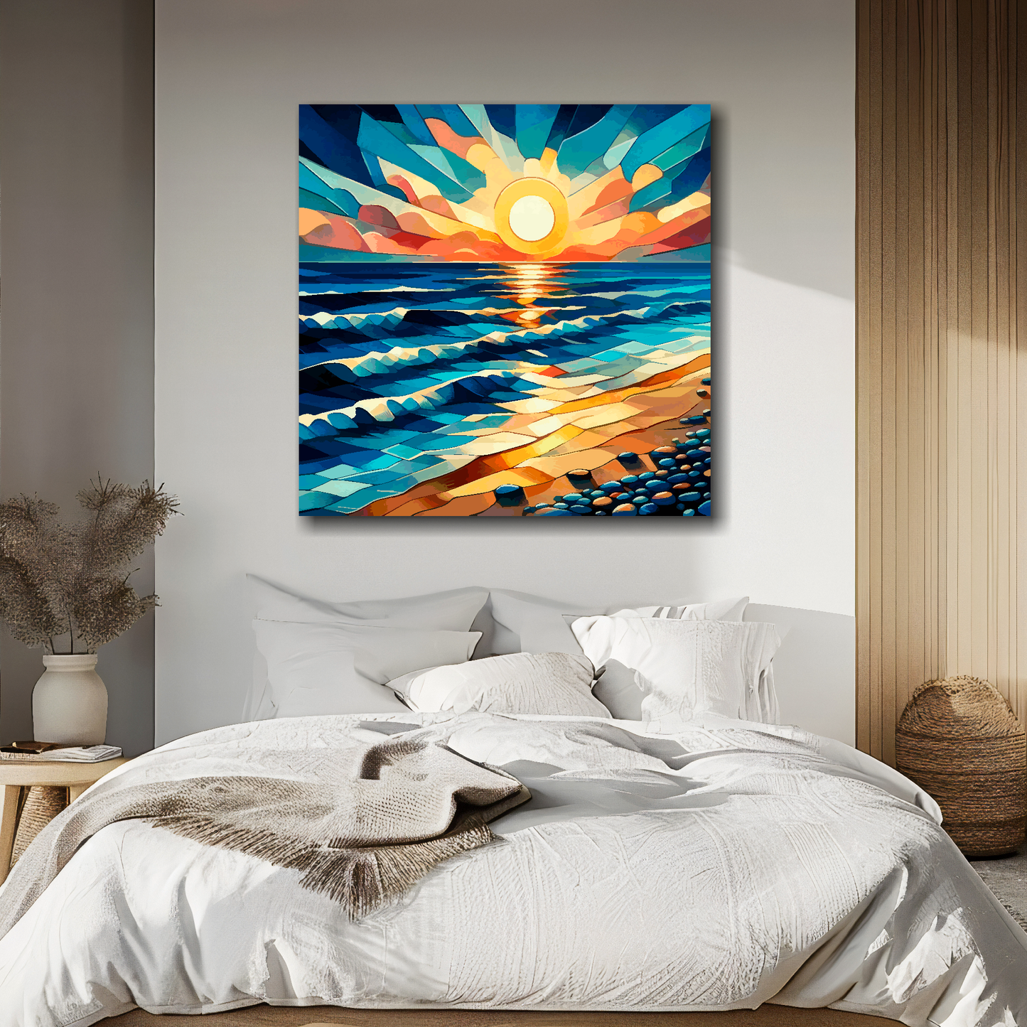 Cubism sunset canvas above bed - colourful coastal wall decor for UK bedrooms