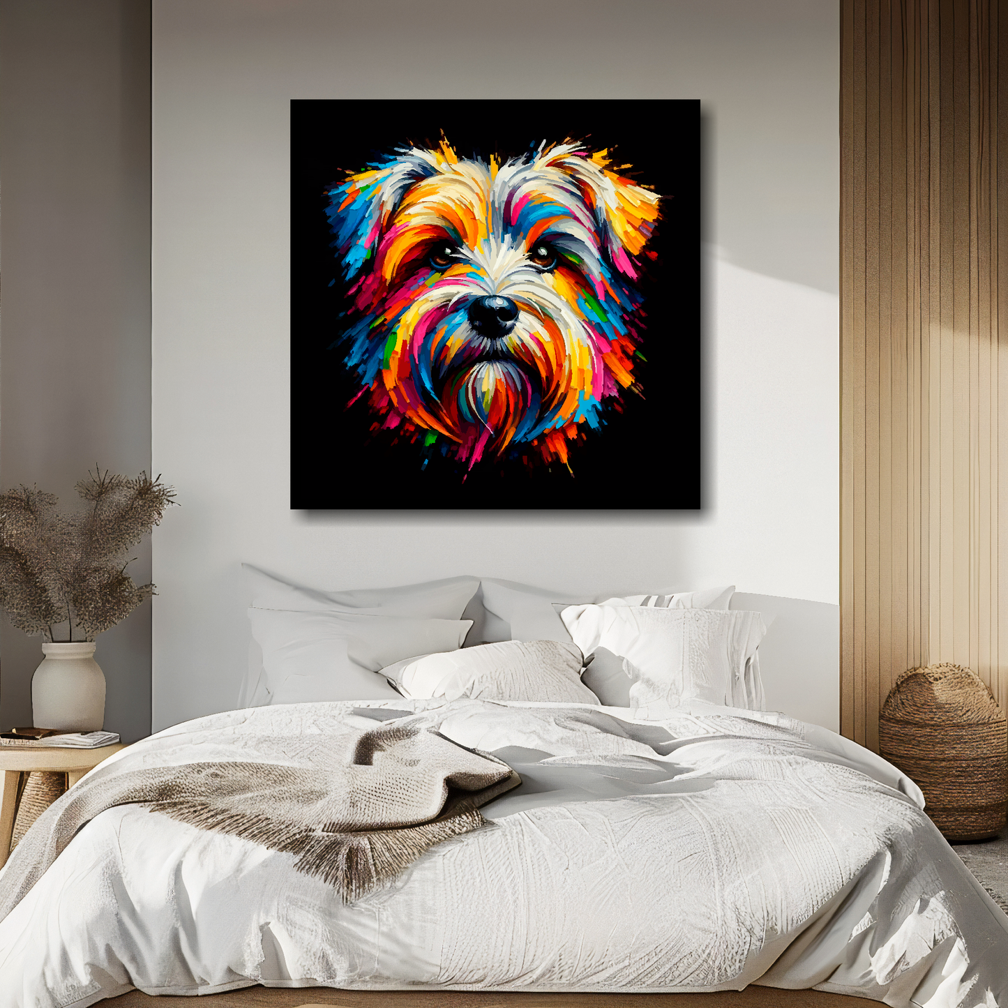 Dandie Dinmont Terrier portrait canvas above bed - colourful dog wall decor for UK bedrooms