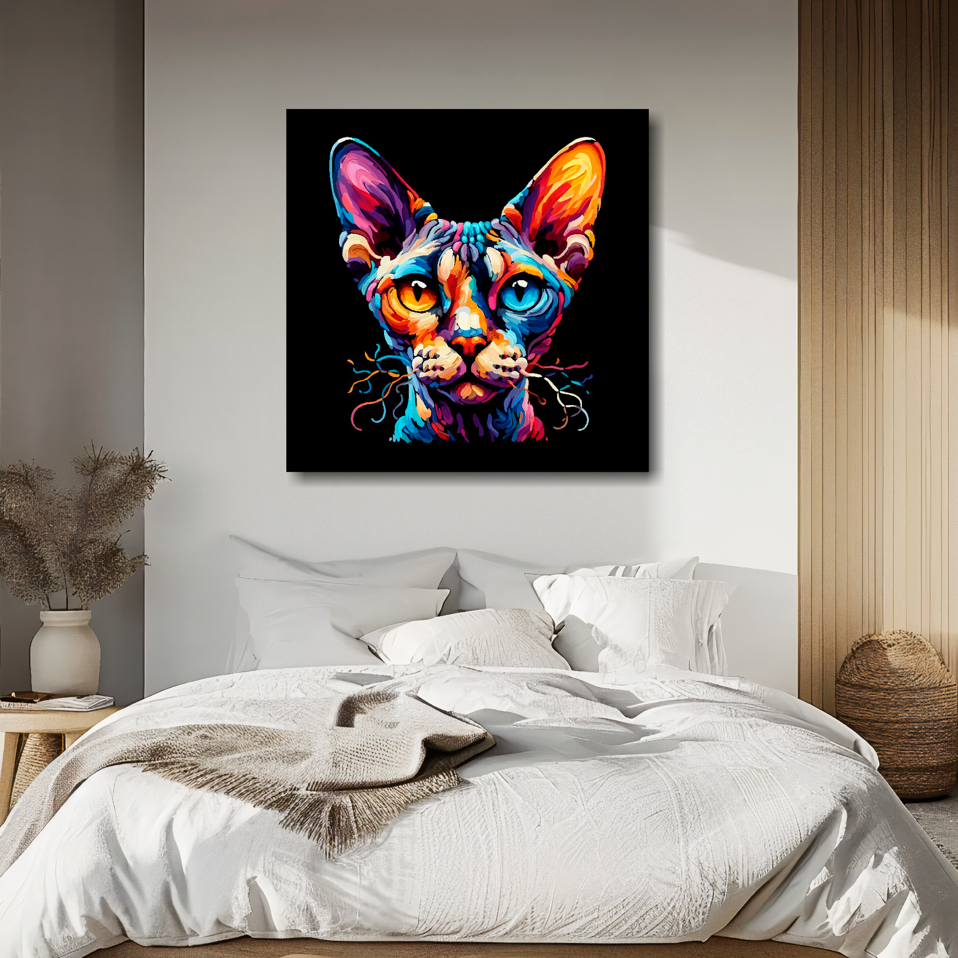 Devon Rex cat portrait canvas above bed - colourful cat wall decor for UK bedrooms