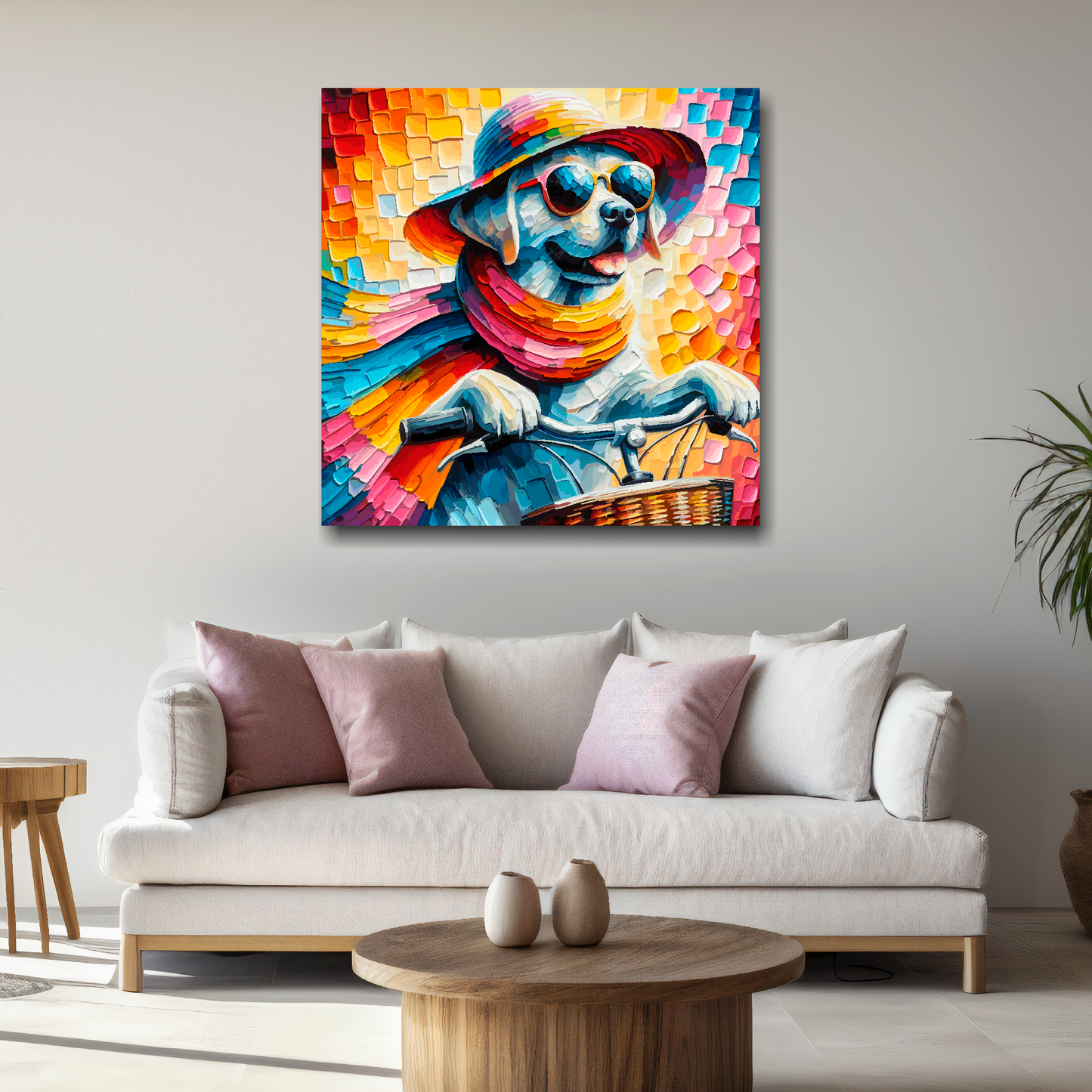 Large lab on a bicycle canvas above white sofa - vibrant abstract whimsical wall art UK