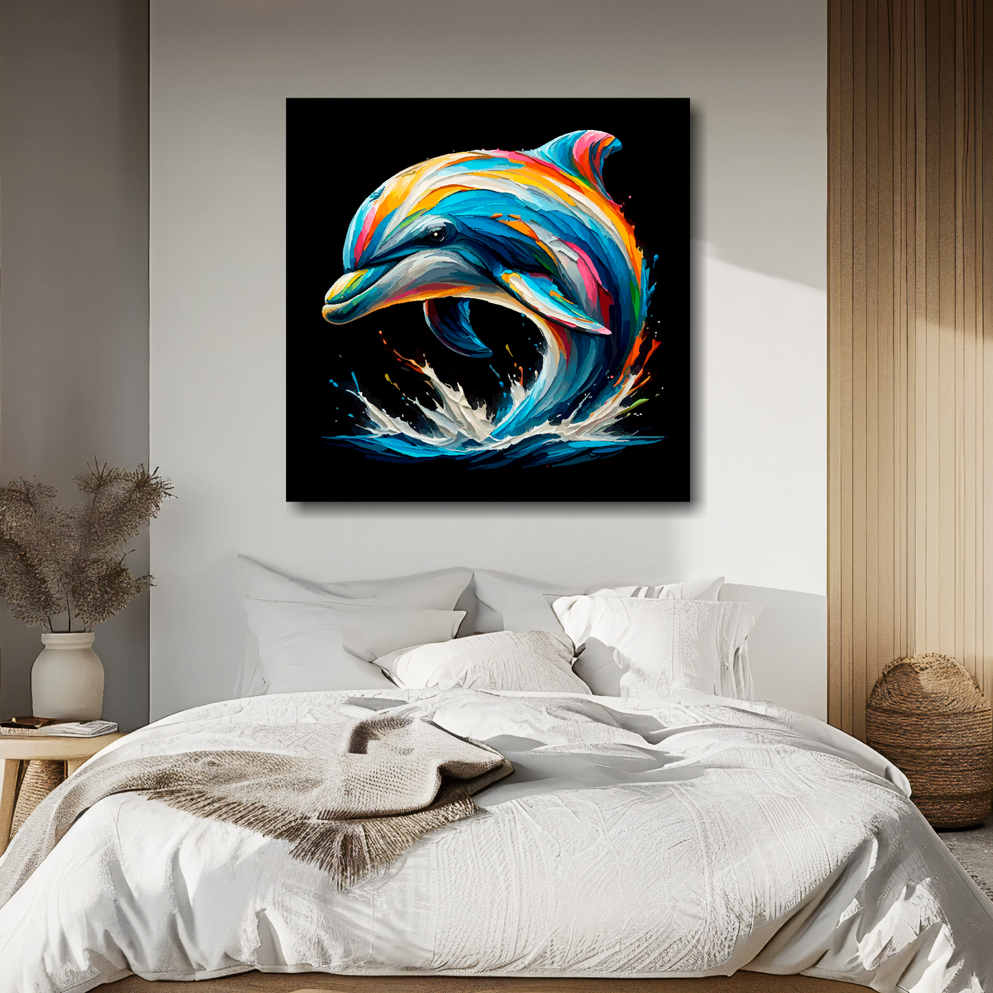 Dolphin portrait canvas above bed - colourful wildlife wall decor for UK bedrooms