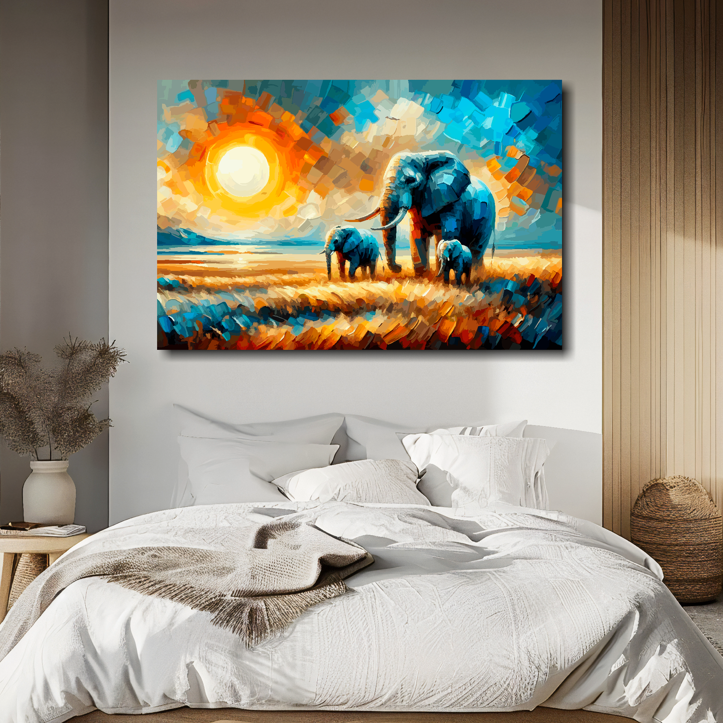 Elephant family canvas above bed - colourful wildlife wall decor for UK bedrooms