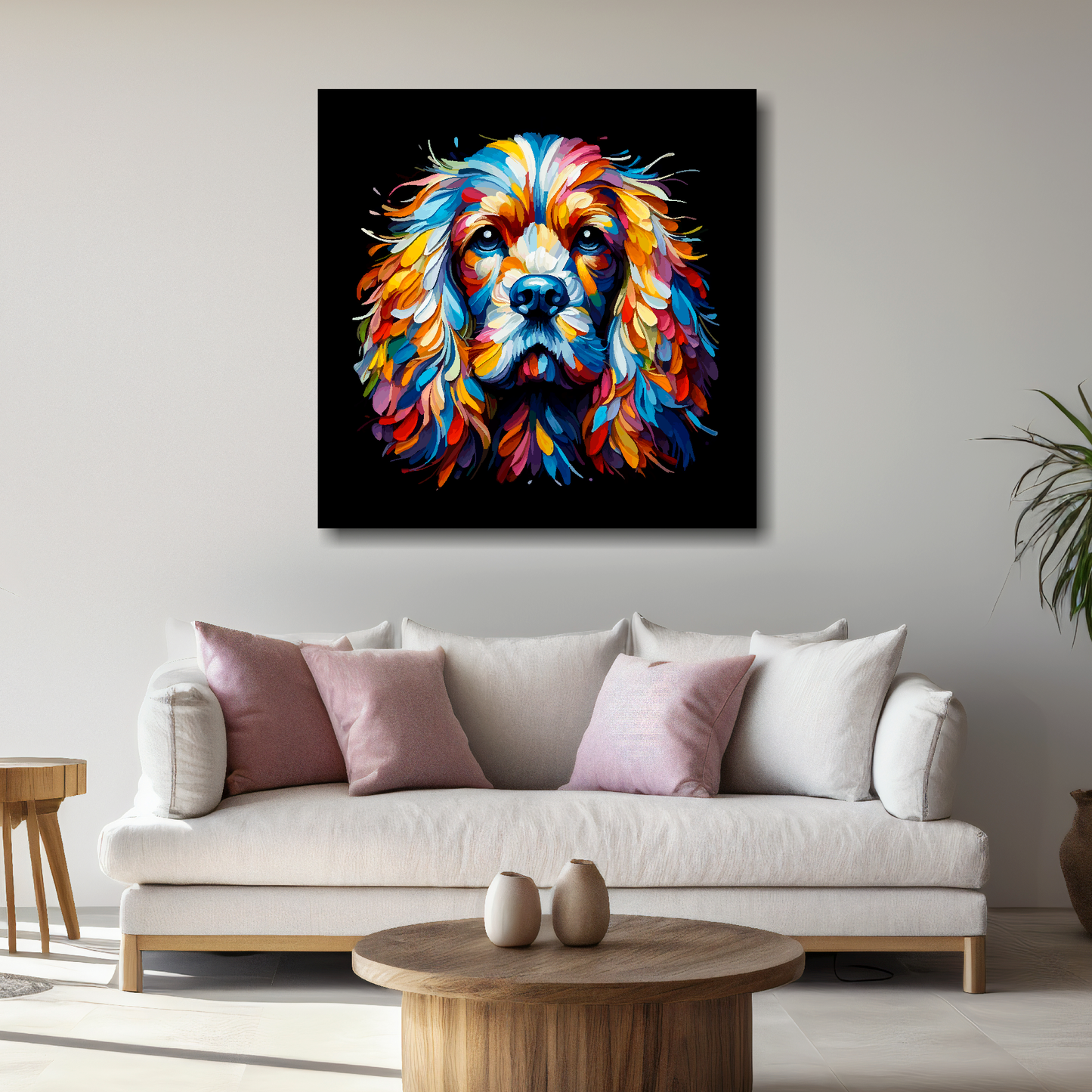 Large English Cocker Spaniel canvas above white sofa - vibrant abstract dog portrait wall art UK