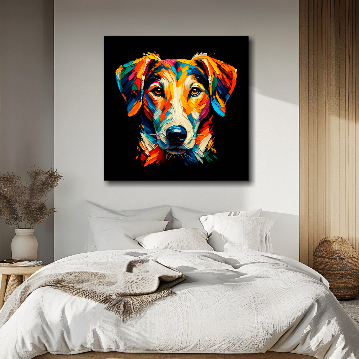 English Foxhound portrait canvas above bed - colourful dog wall decor for UK bedrooms