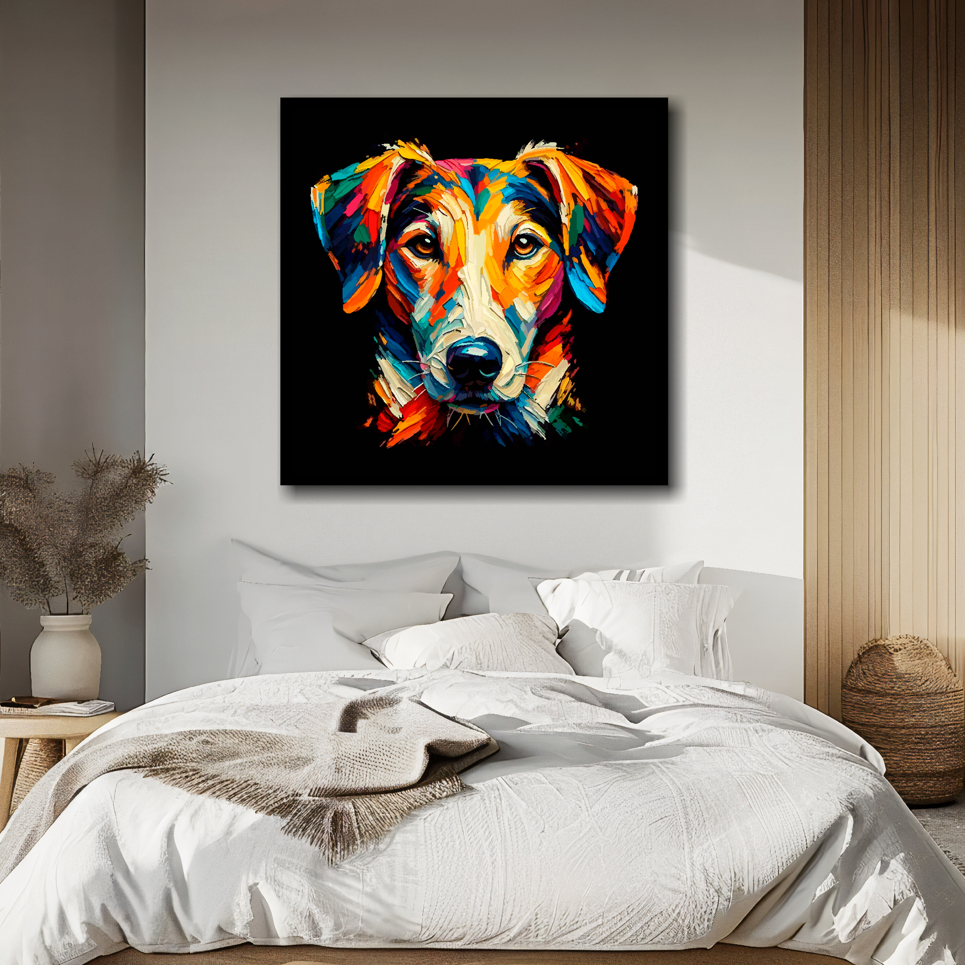English Foxhound portrait canvas above bed - colourful dog wall decor for UK bedrooms